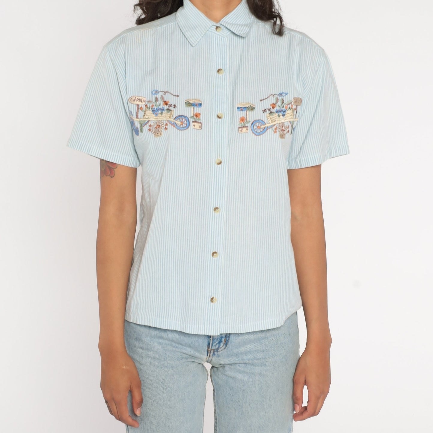 90s Gardening Embroidered Button Up Shirt Blue White Striped Small