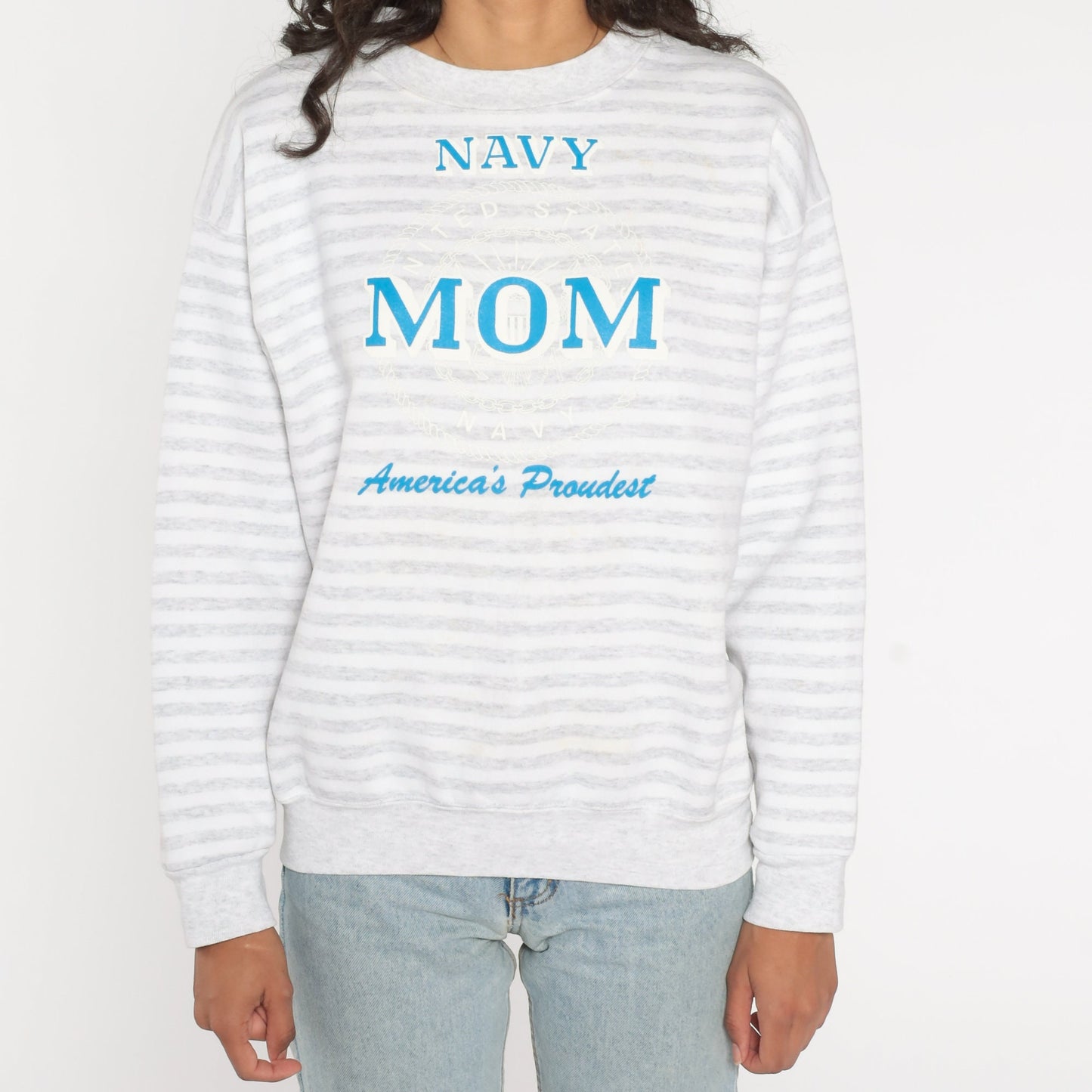 90s Navy Mom America's Proudest Striped Sweatshirt Grey White Crewneck Large