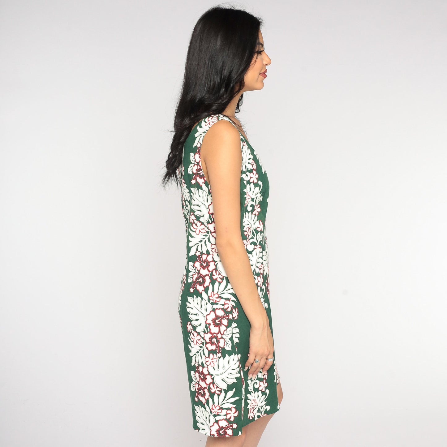 90s Hawaiian Floral Mini Dress Green White Cotton Sleeveless Sheath Medium