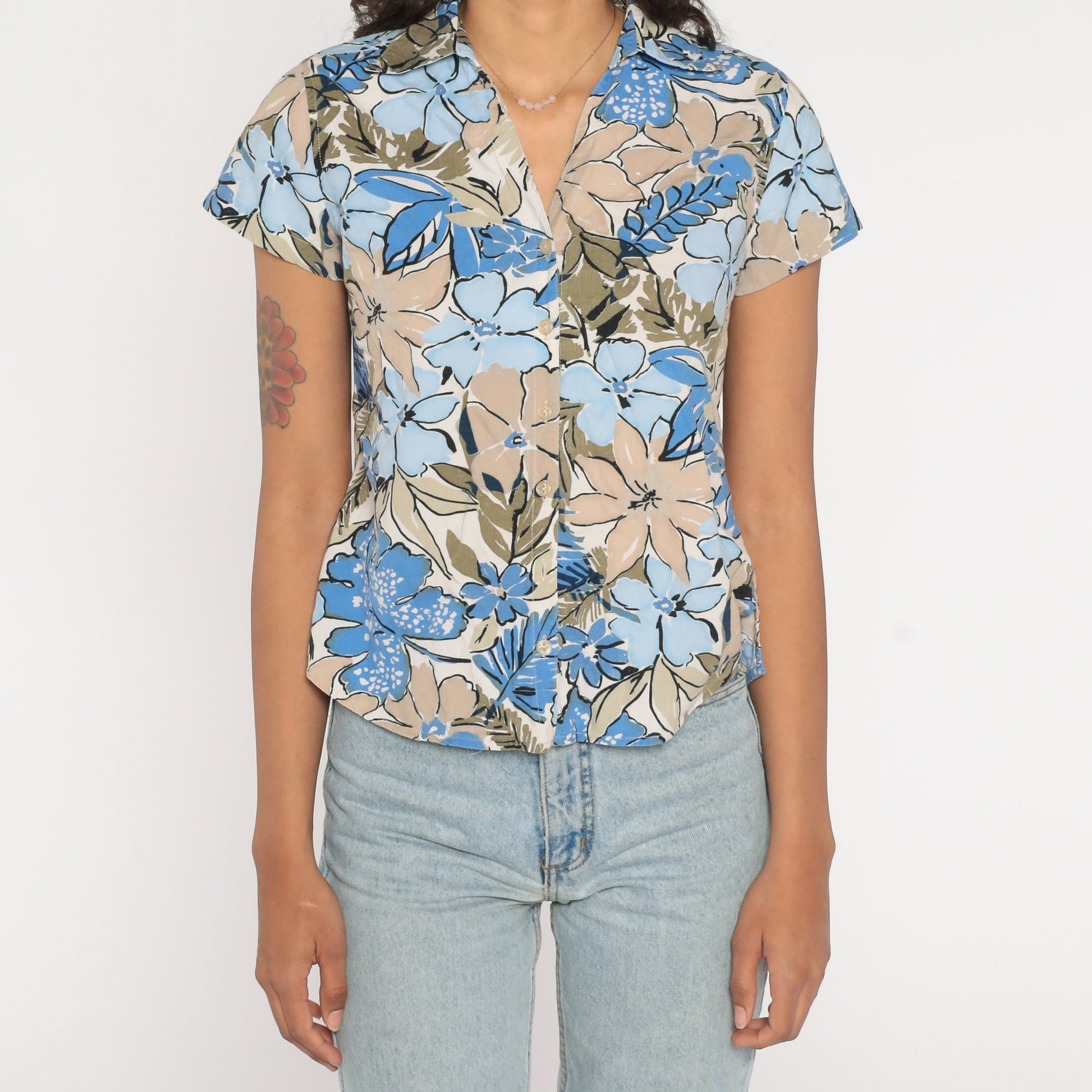 Y2K Floral Button-Up Blouse Blue Tan Flower Print Collar Short Sleeve Petite Small