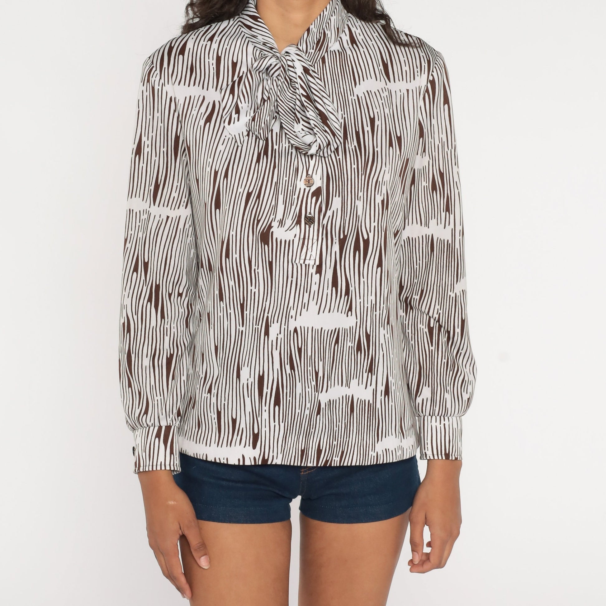70s I. Magnin Zebra Print Ascot Blouse Long Sleeve White Brown Medium M