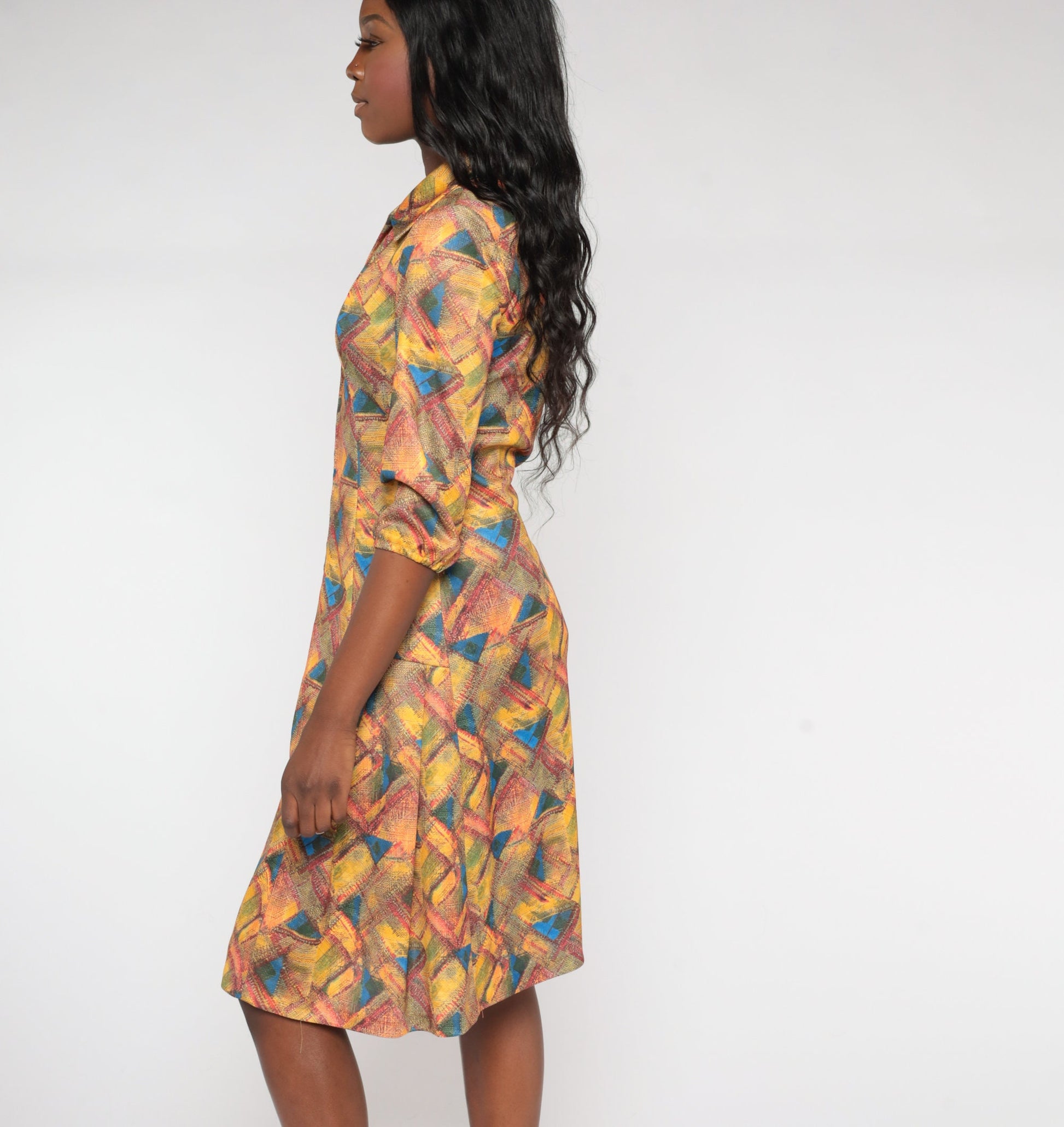 70s Geometric Abstract Print Shift Dress Collared Zip Front Knee Length Yellow Small