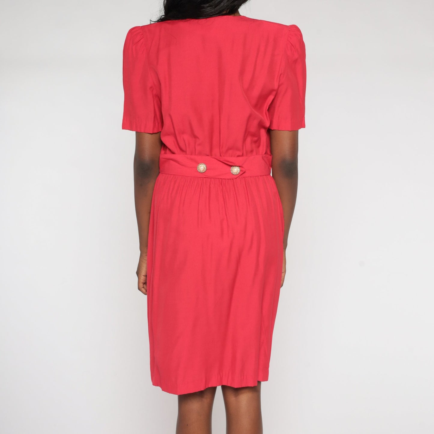 90s Red Midi Dress V Neck Puff Sleeve Button Up Lace Trim High Waist Small 6