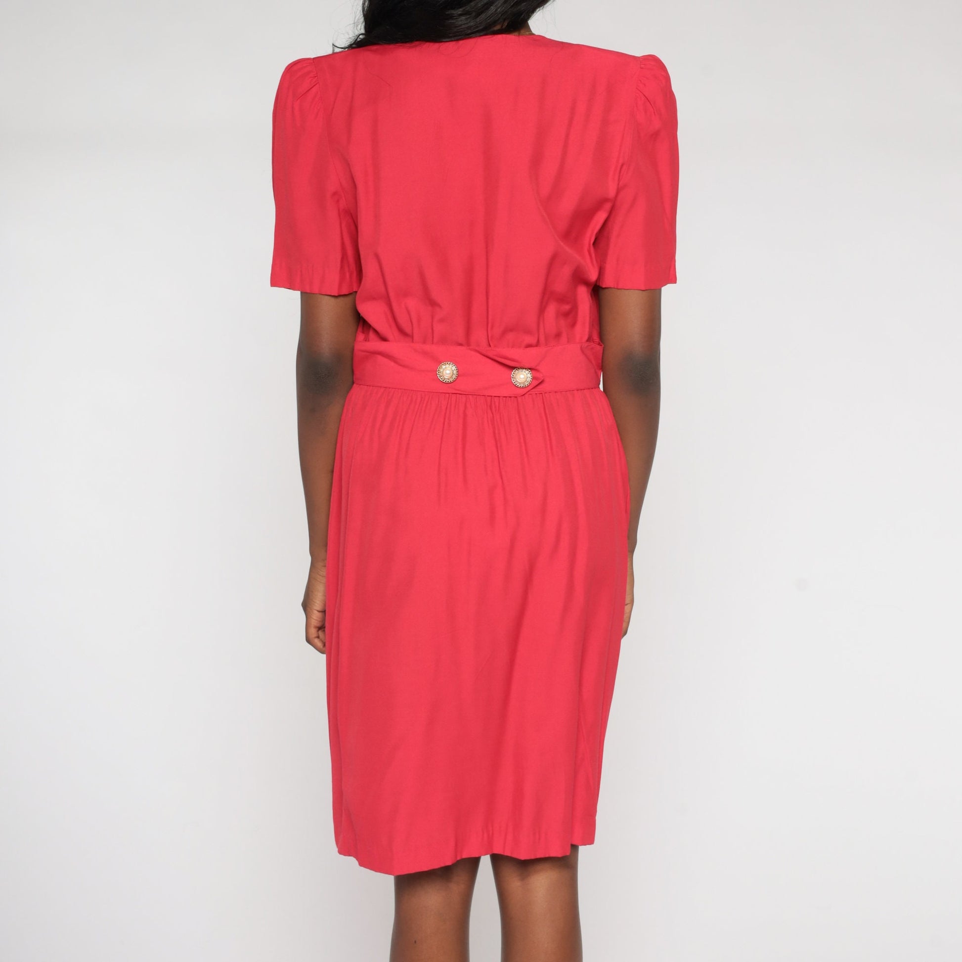 90s Red Midi Dress V Neck Puff Sleeve Button Up Lace Trim High Waist Small 6