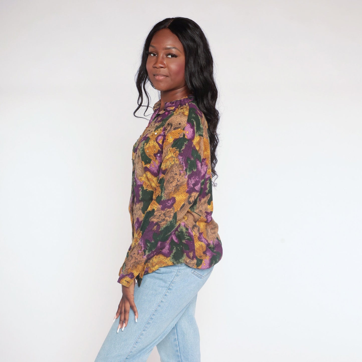 90s Floral Sequin Button Up Blouse Abstract Print Collared Long Sleeve Small