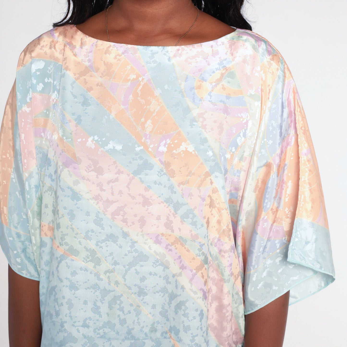 80s Pastel Striped Blouse Blue Orange Embossed Wide Sleeve Side Tie Medium