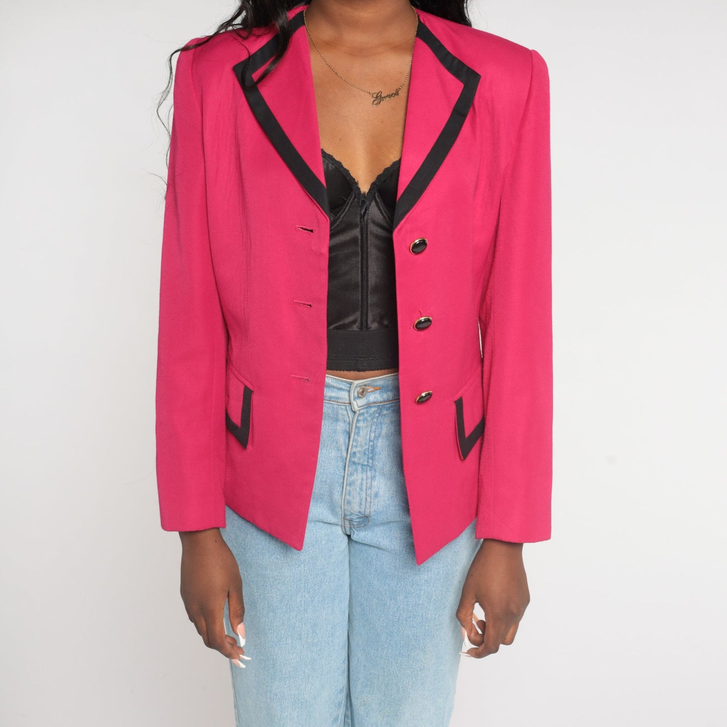 90s Hot Pink Blazer Black Trim Button Up Jacket Small S