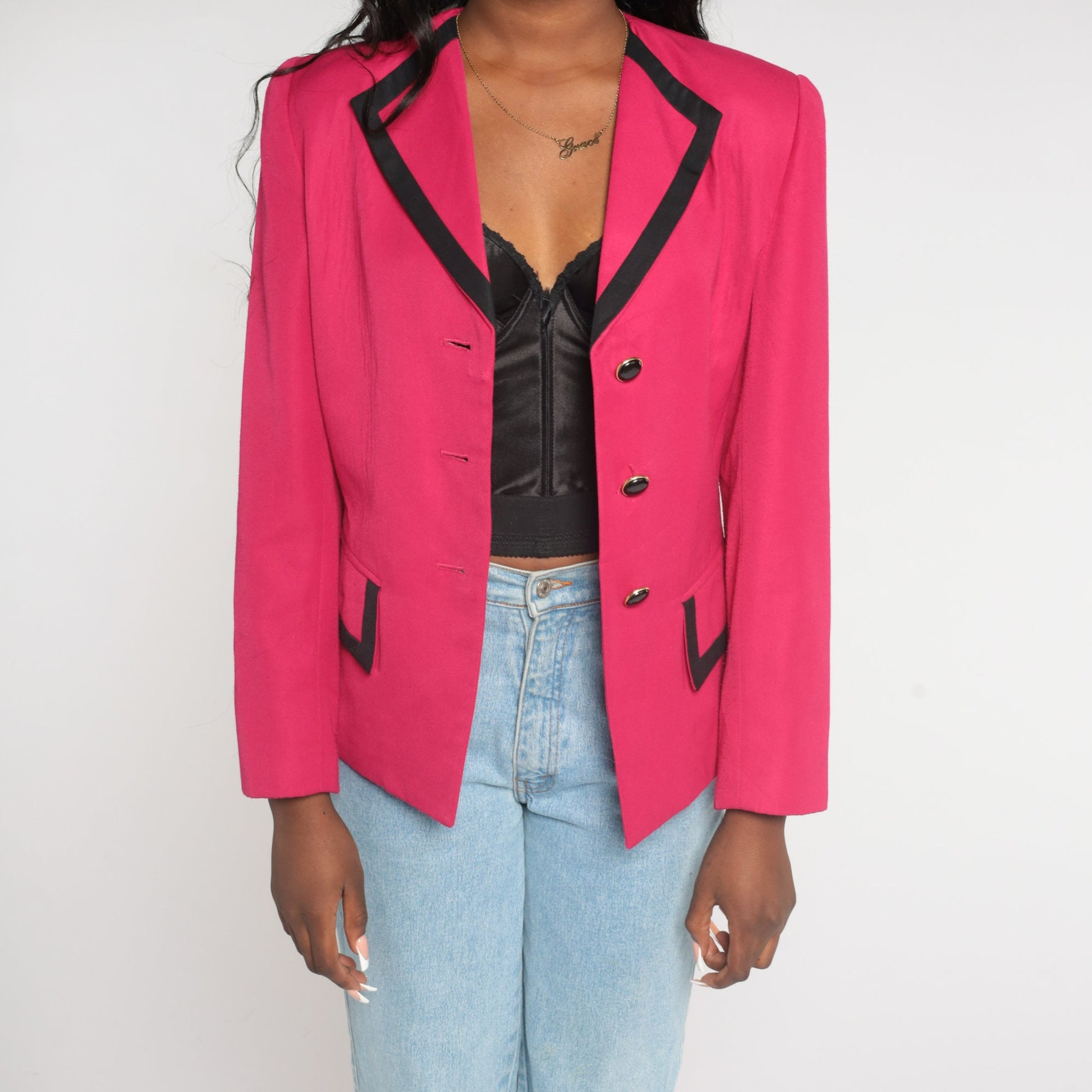 90s Hot Pink Blazer Black Trim Button Up Jacket Small S