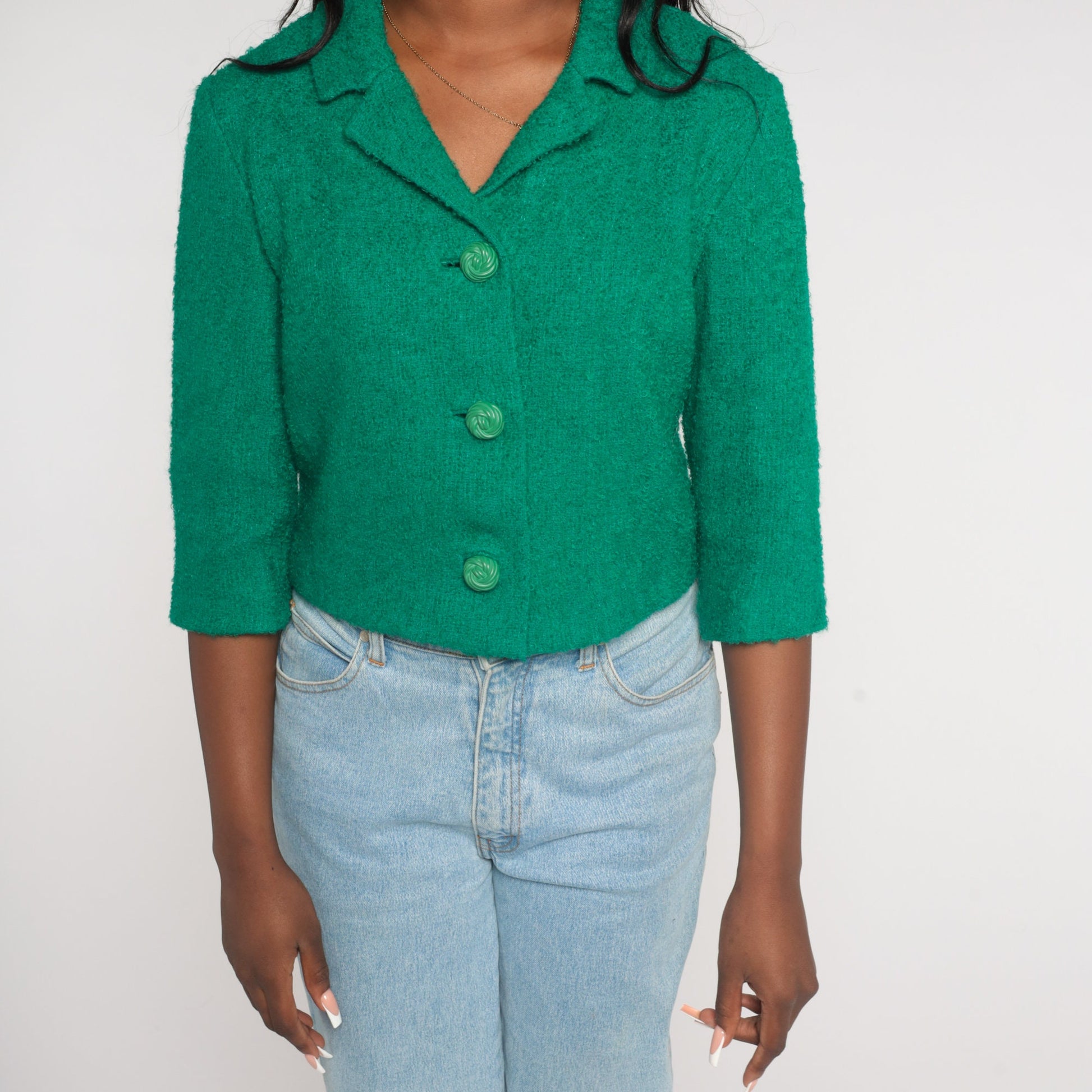 60s R & K Originals Green Wool Blend Blazer Cropped 3/4 Sleeve Small