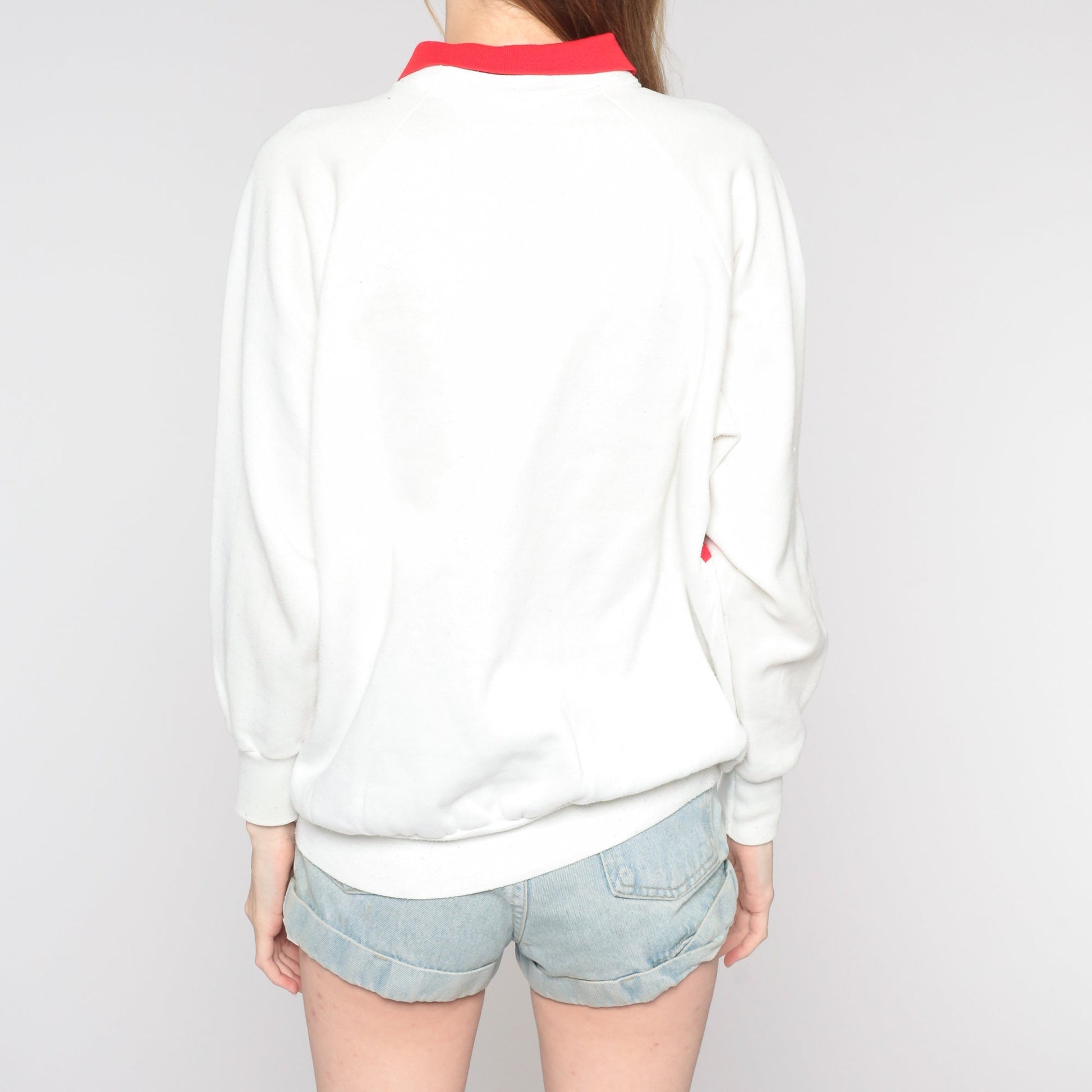 80s Mouse Ski Sweatshirt White Collared Graphic Raglan Large L