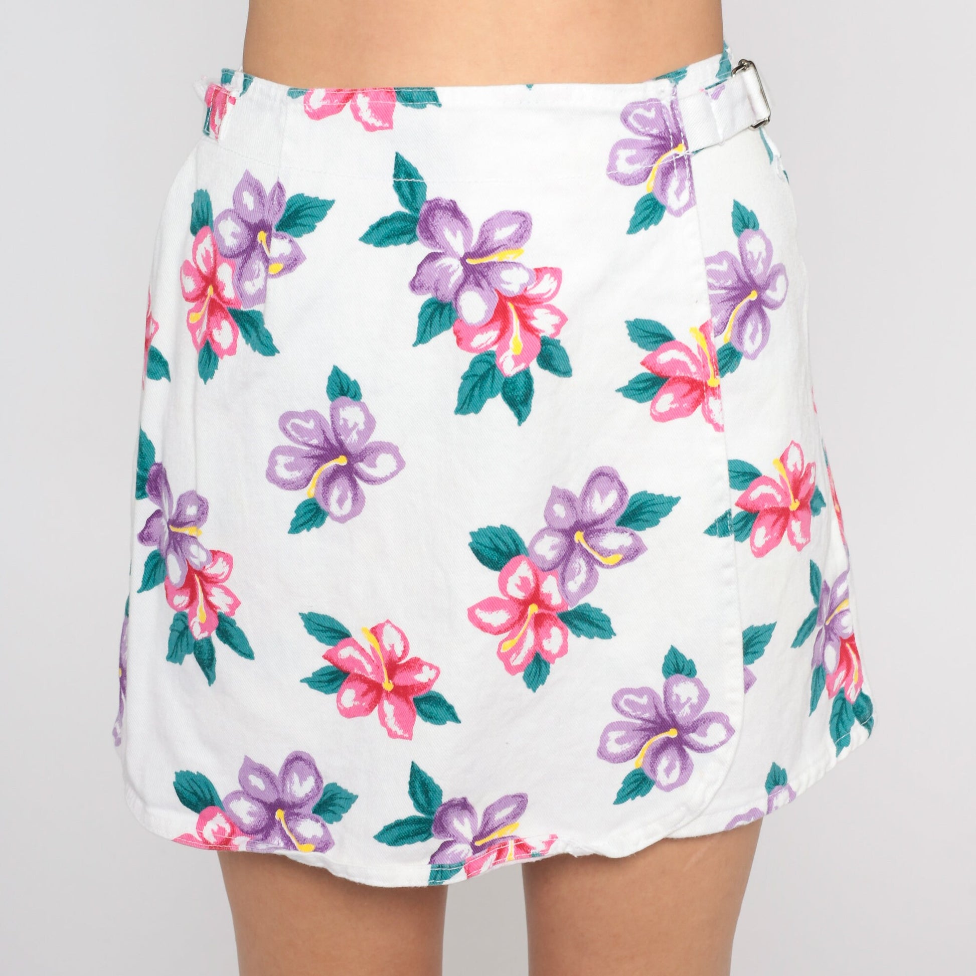 90s Hawaiian Floral White Denim Skort High Waist Faux Wrap Mini Medium