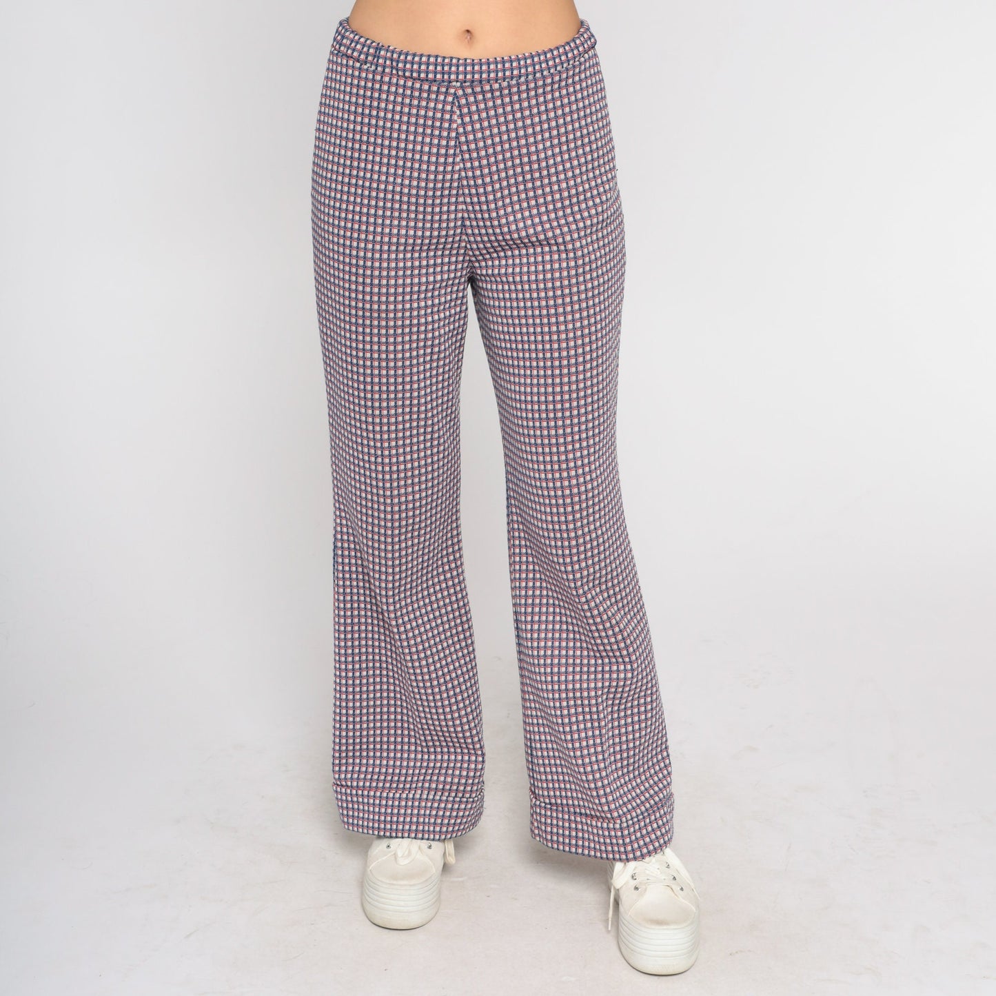 70s Checkered Bell Bottom Trousers Red White Blue High Waist Flared Pants Medium