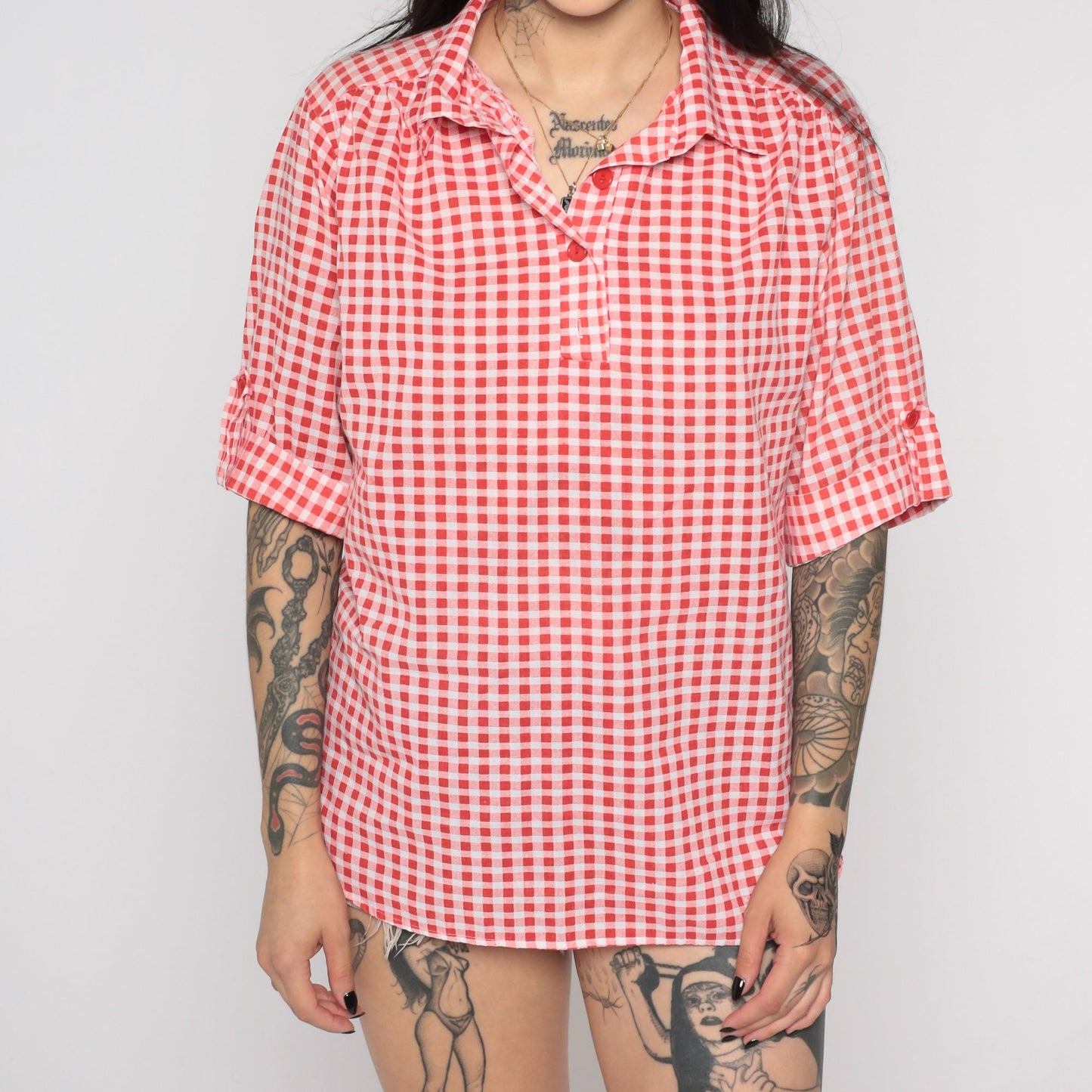 70s Red Gingham Tunic Blouse Short Sleeve Checkered Shirt Medium