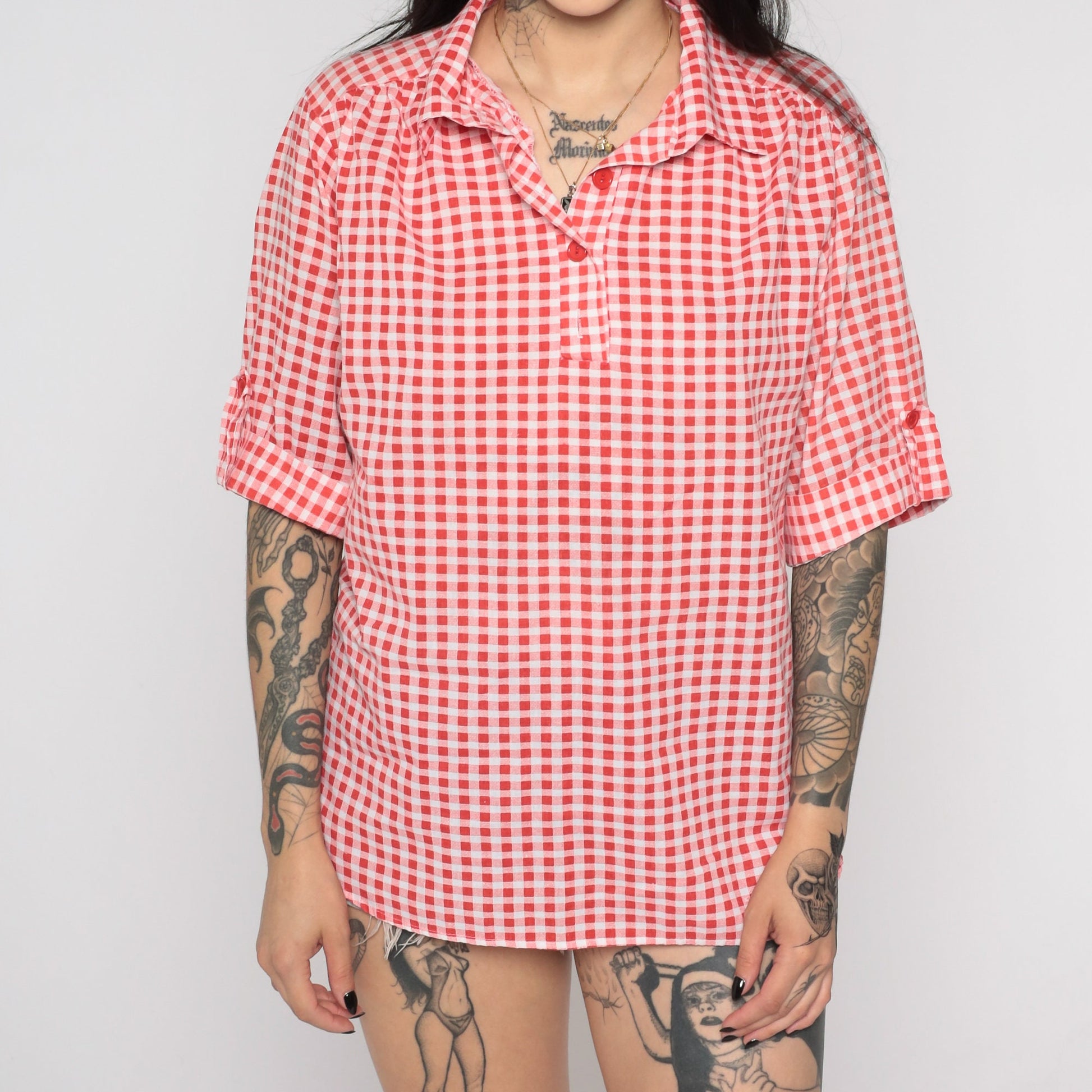 70s Red Gingham Tunic Blouse Short Sleeve Checkered Shirt Medium