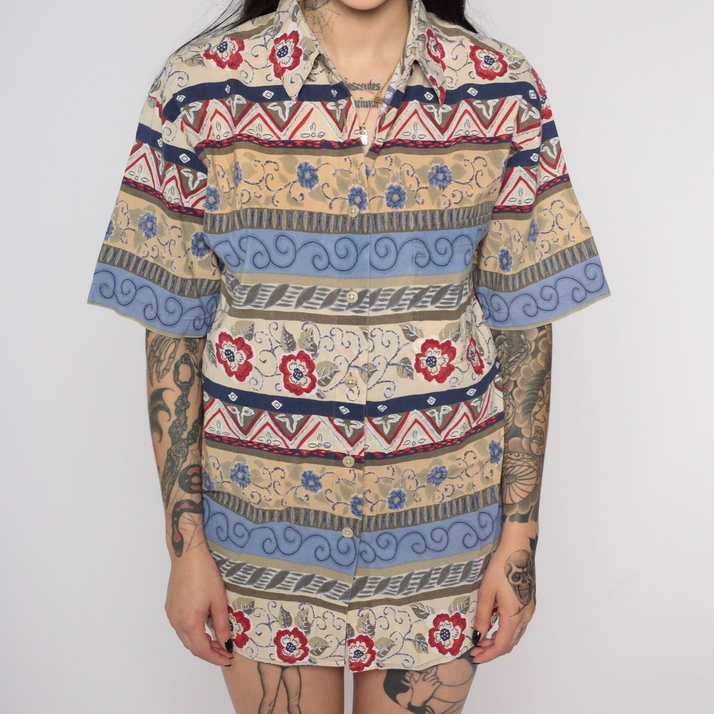 90s Floral Geometric Print Button-Up Blouse Blue Beige Short Sleeve Medium