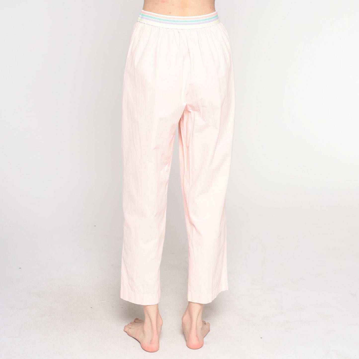 80s Baby Pink Striped Elastic Waist Tapered Trousers Small