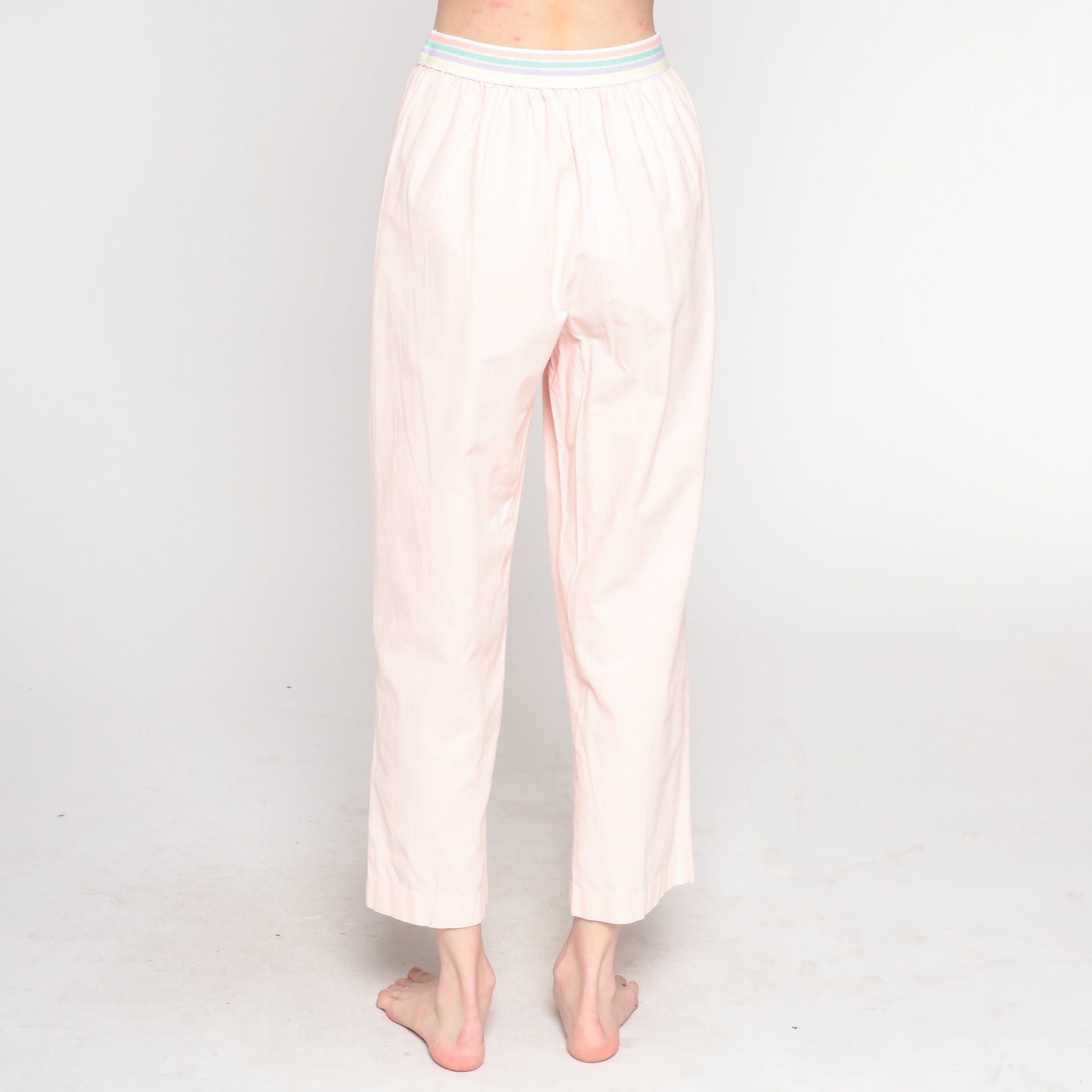 80s Baby Pink Striped Elastic Waist Tapered Trousers Small