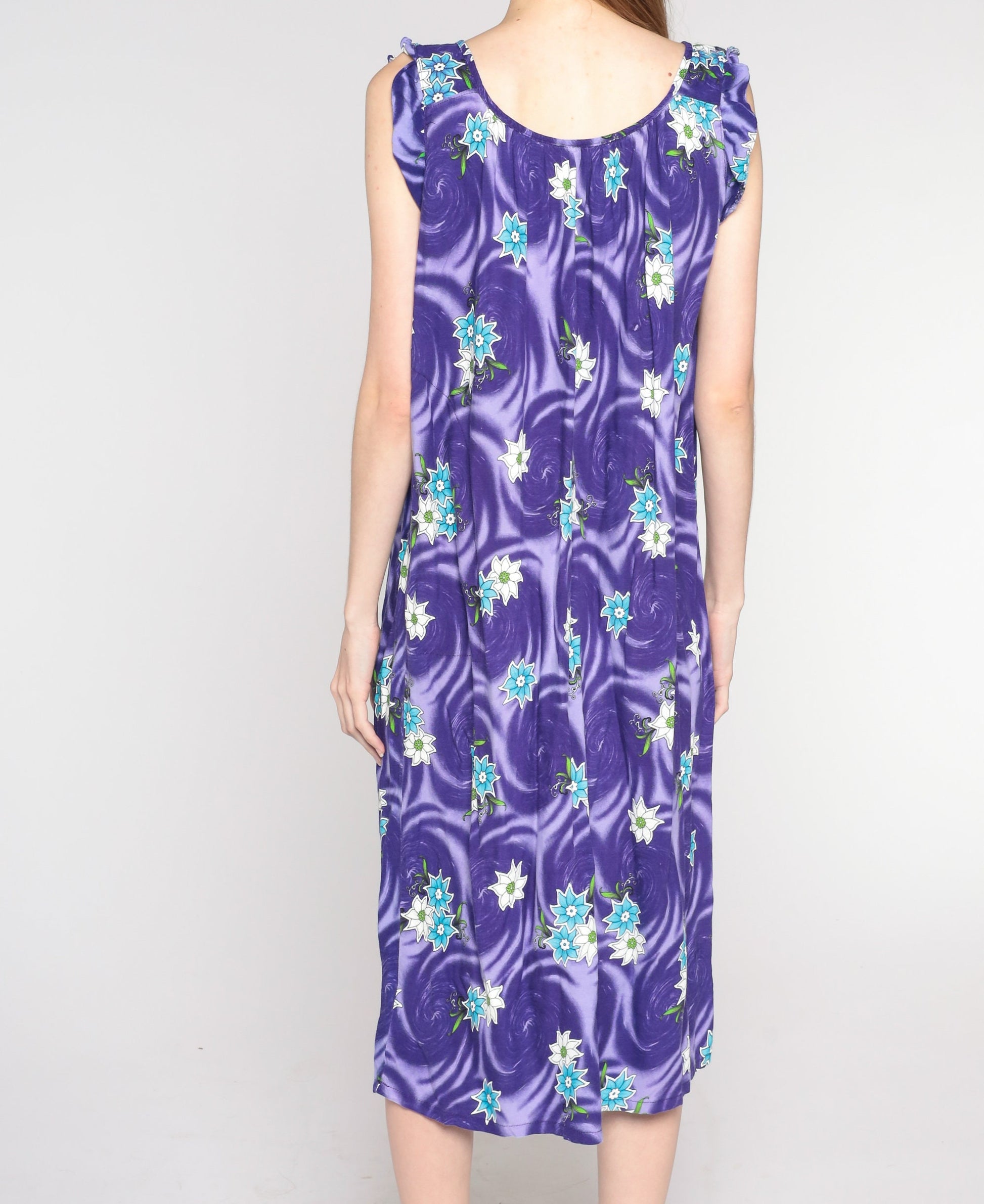 00s Purple Floral Swirl Midi Shift Dress Cap Sleeve Large L