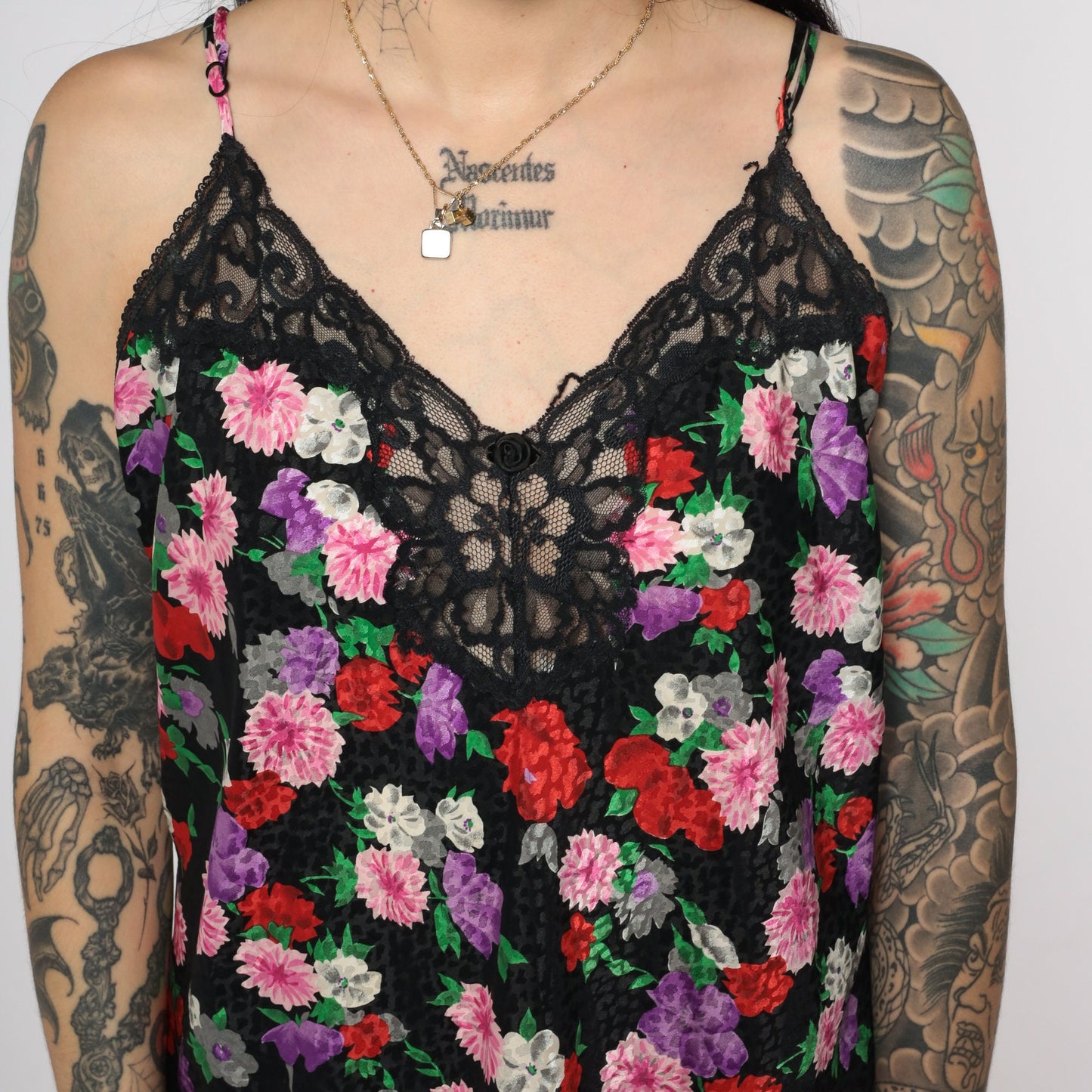 90s Black Floral Embossed Slip Dress Lace Trim Spaghetti Strap Mini Medium