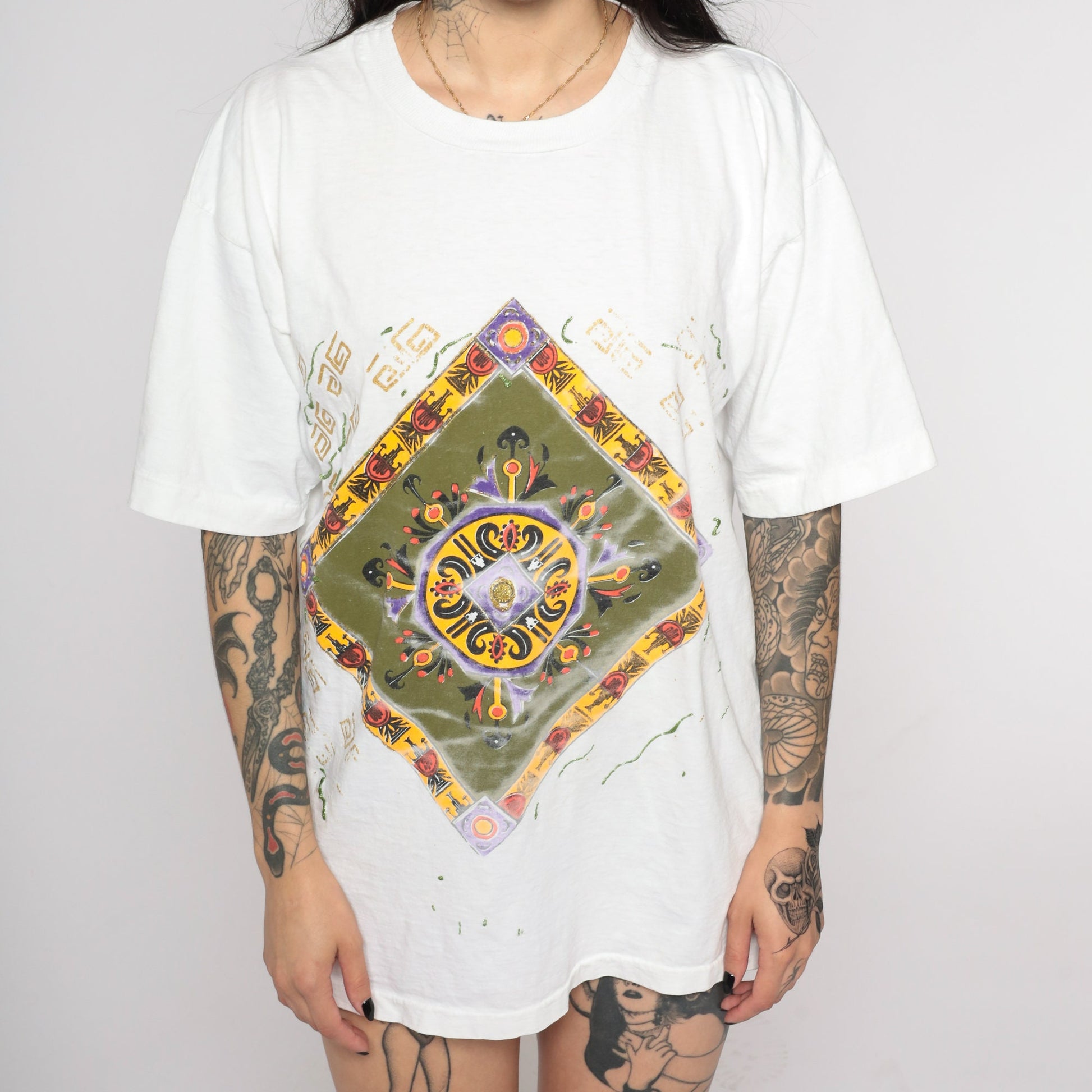90s Geometric Square Print T-Shirt White Glitter Hand Painted Graphic Tee Large