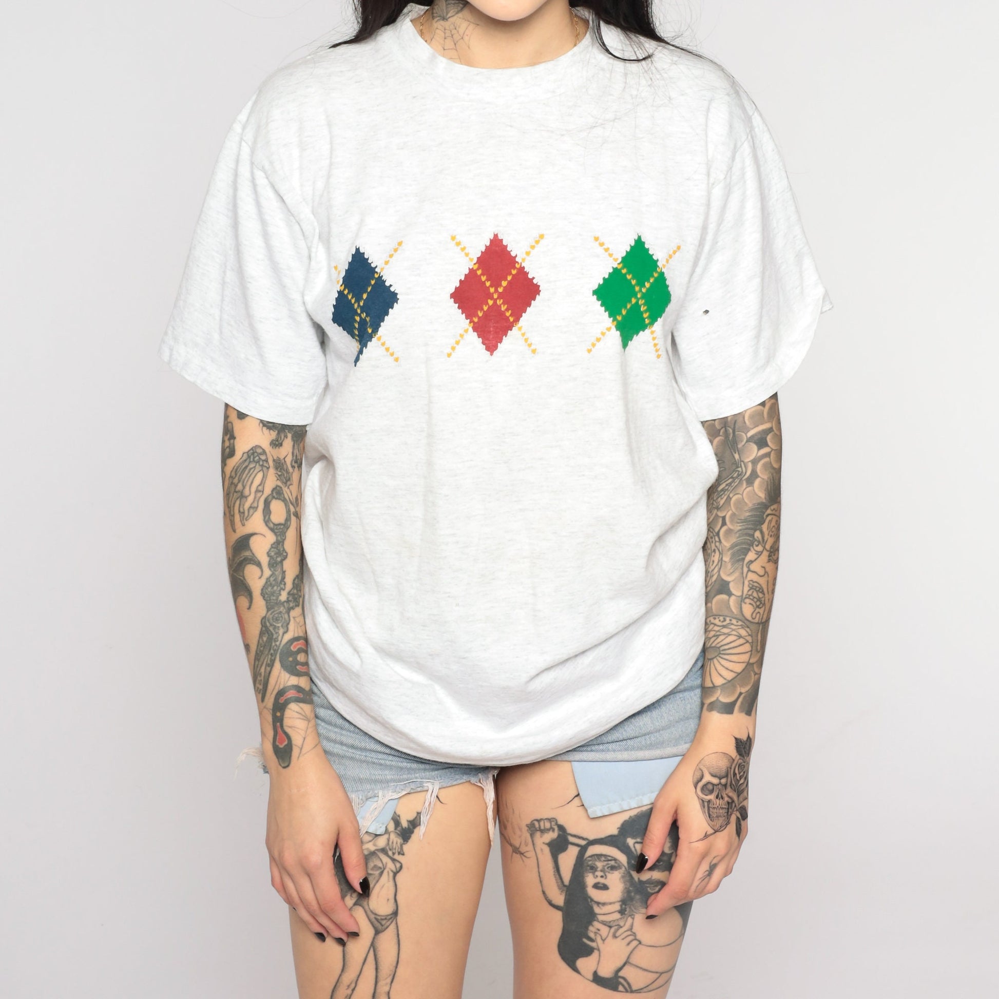 90s Argyle Checkered Crewneck T-Shirt Heather Grey Graphic Tee Medium
