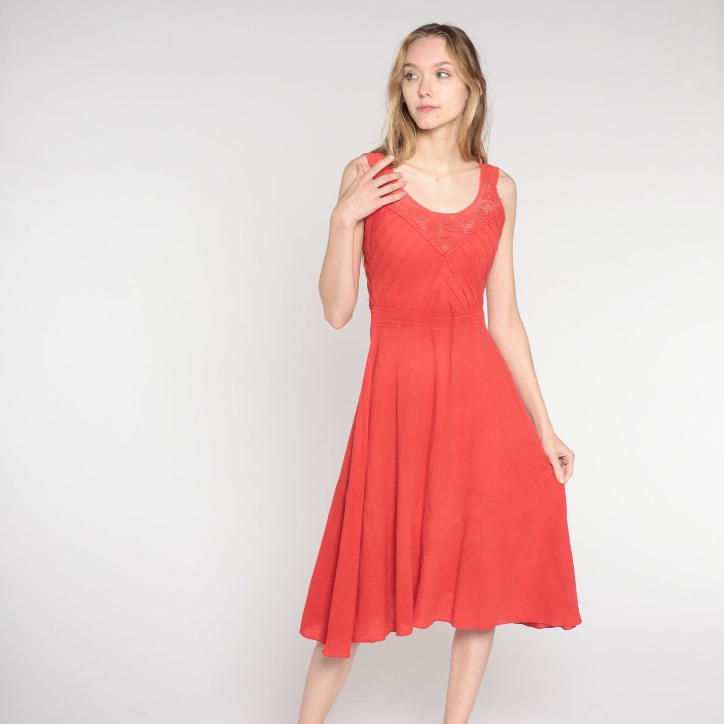 1970s Red Midi Sundress Crochet Trim High Waist Pintuck Cotton Small