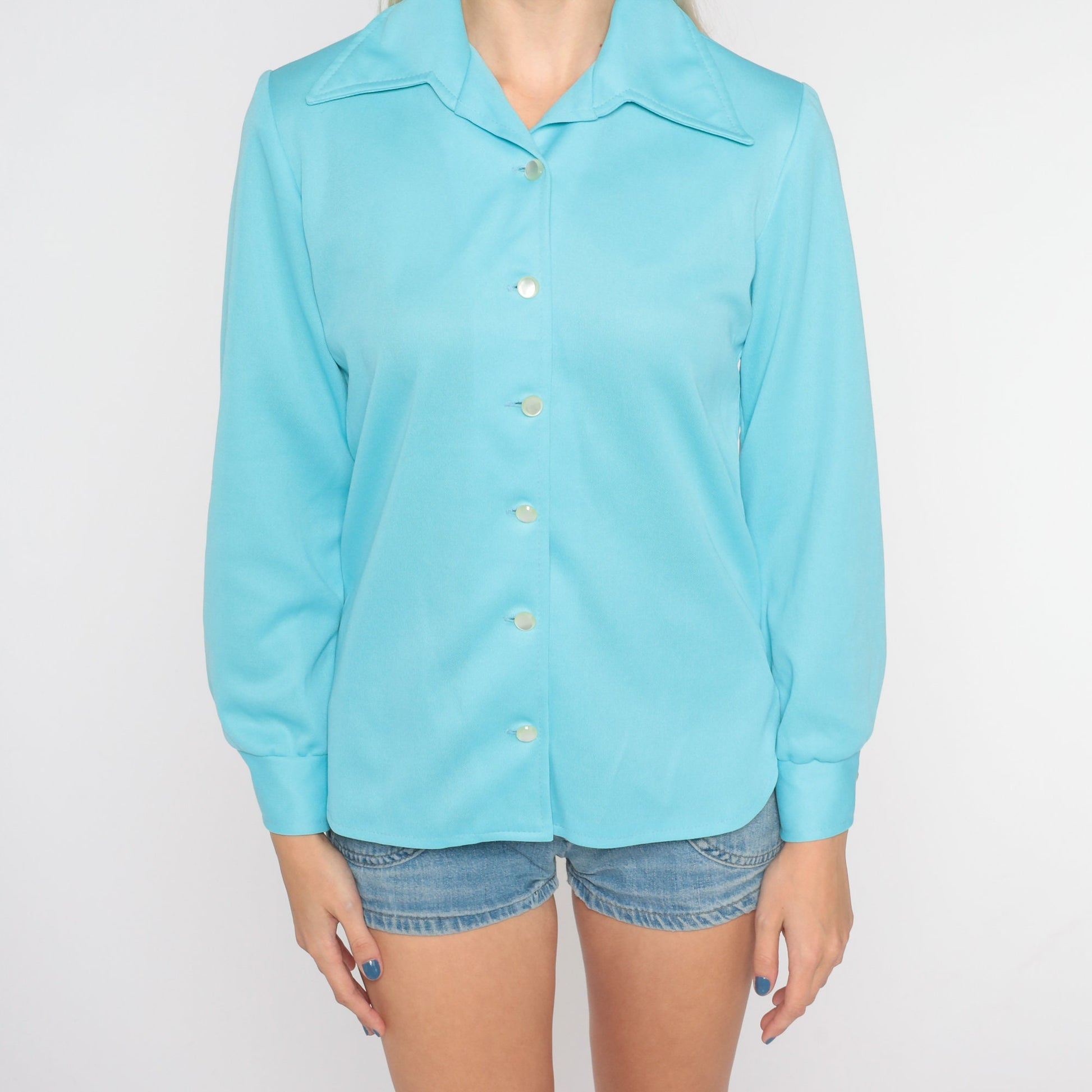 70s Blue Dagger Collar Button-Up Blouse Long Sleeve Small S