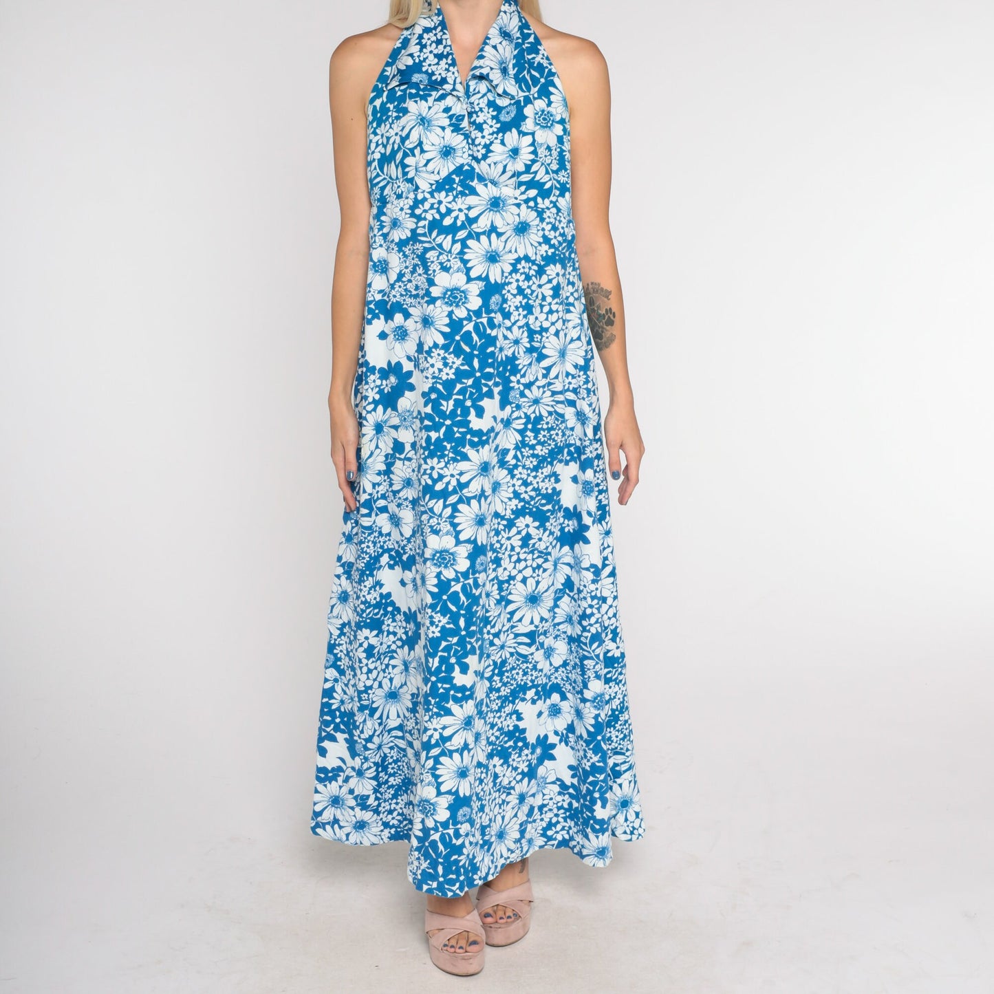 70s Blue Floral Maxi Dress Halter Neck Open Back Cotton Medium Petite