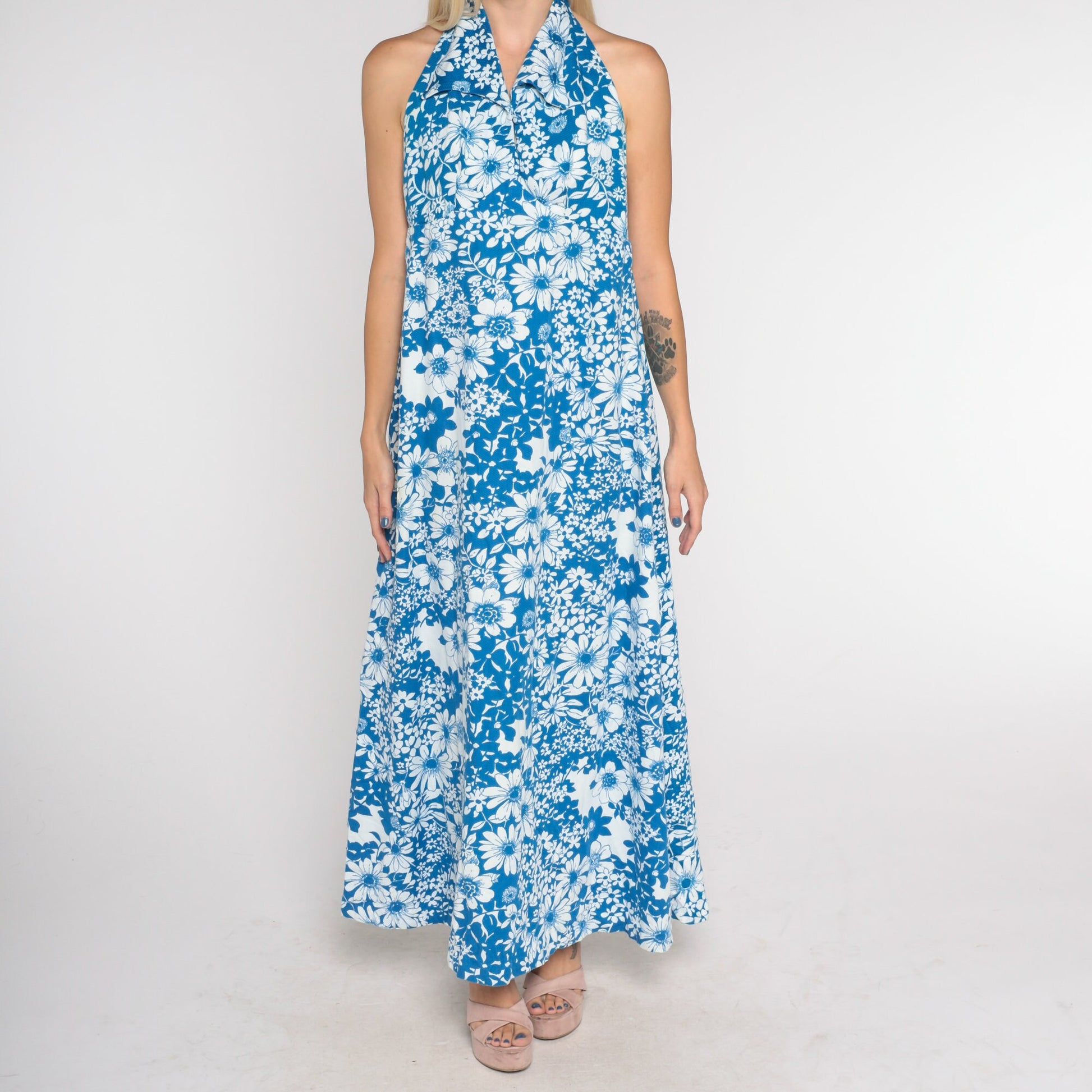 70s Blue Floral Maxi Dress Halter Neck Open Back Cotton Medium Petite