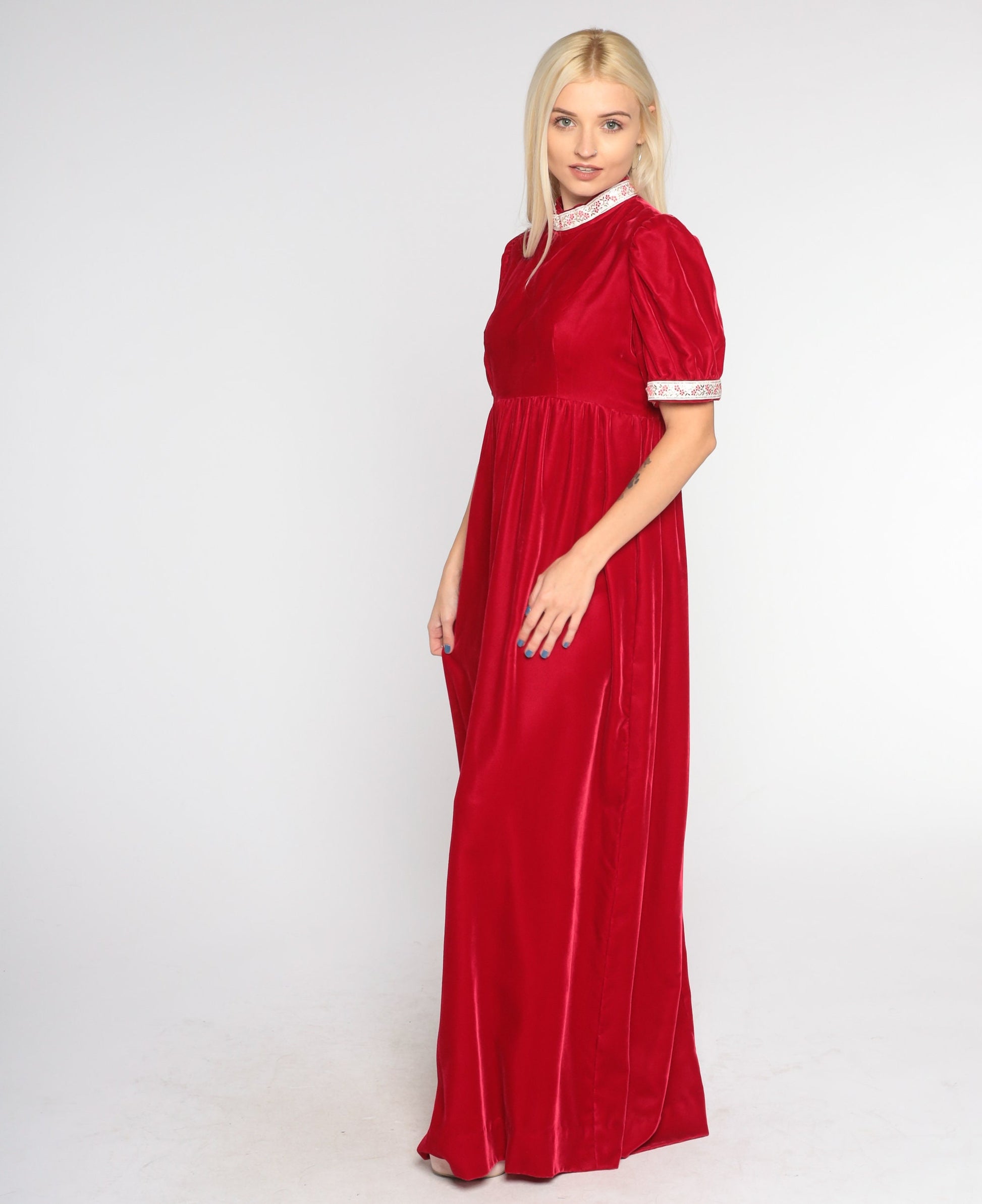 70s Red Velvet Maxi Dress Puff Sleeve High Waist Floral Ribbon Trim Small