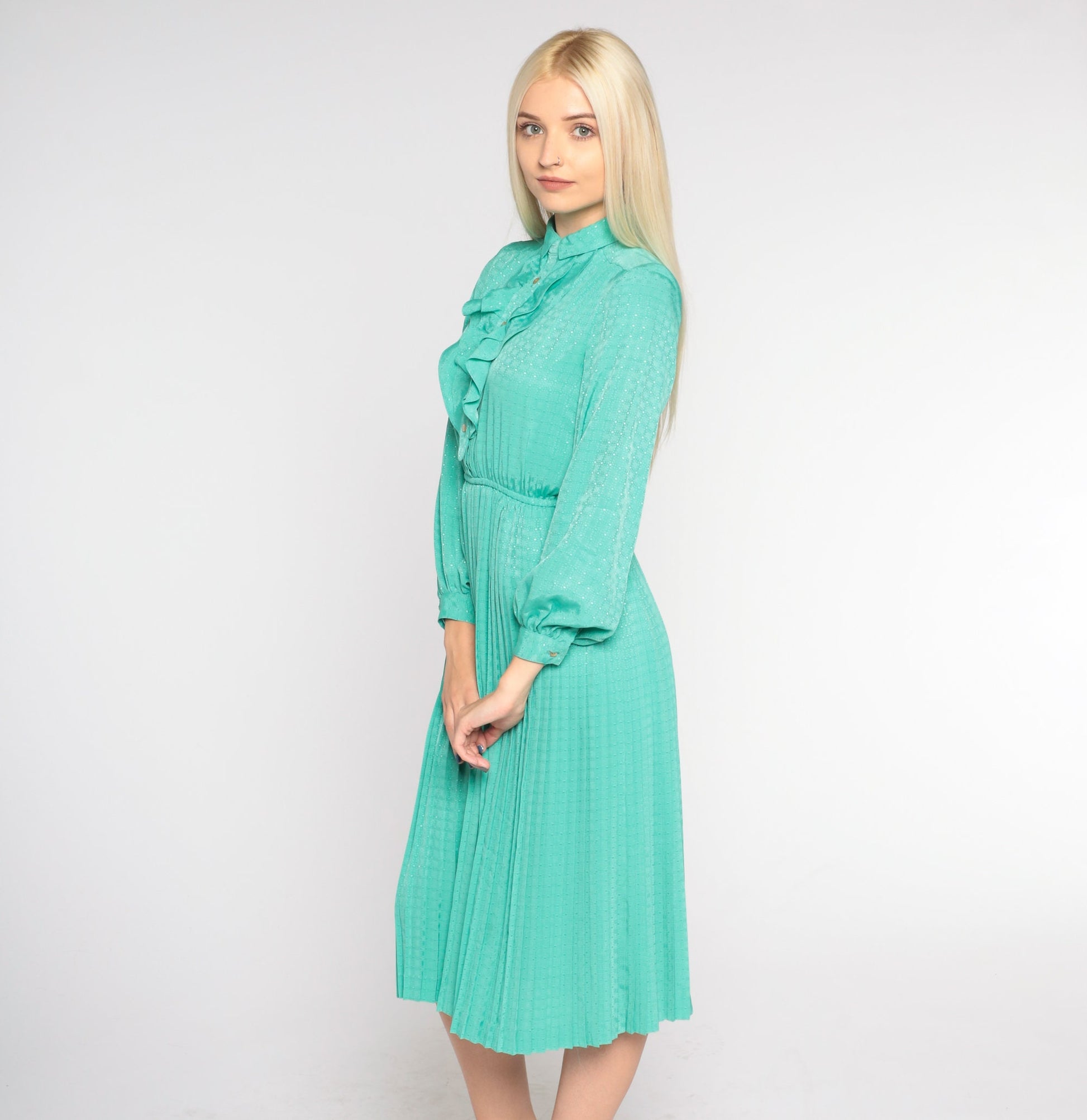 80s Seafoam Green Midi Dress High Waist Pleated Tuxedo Ruffle Small