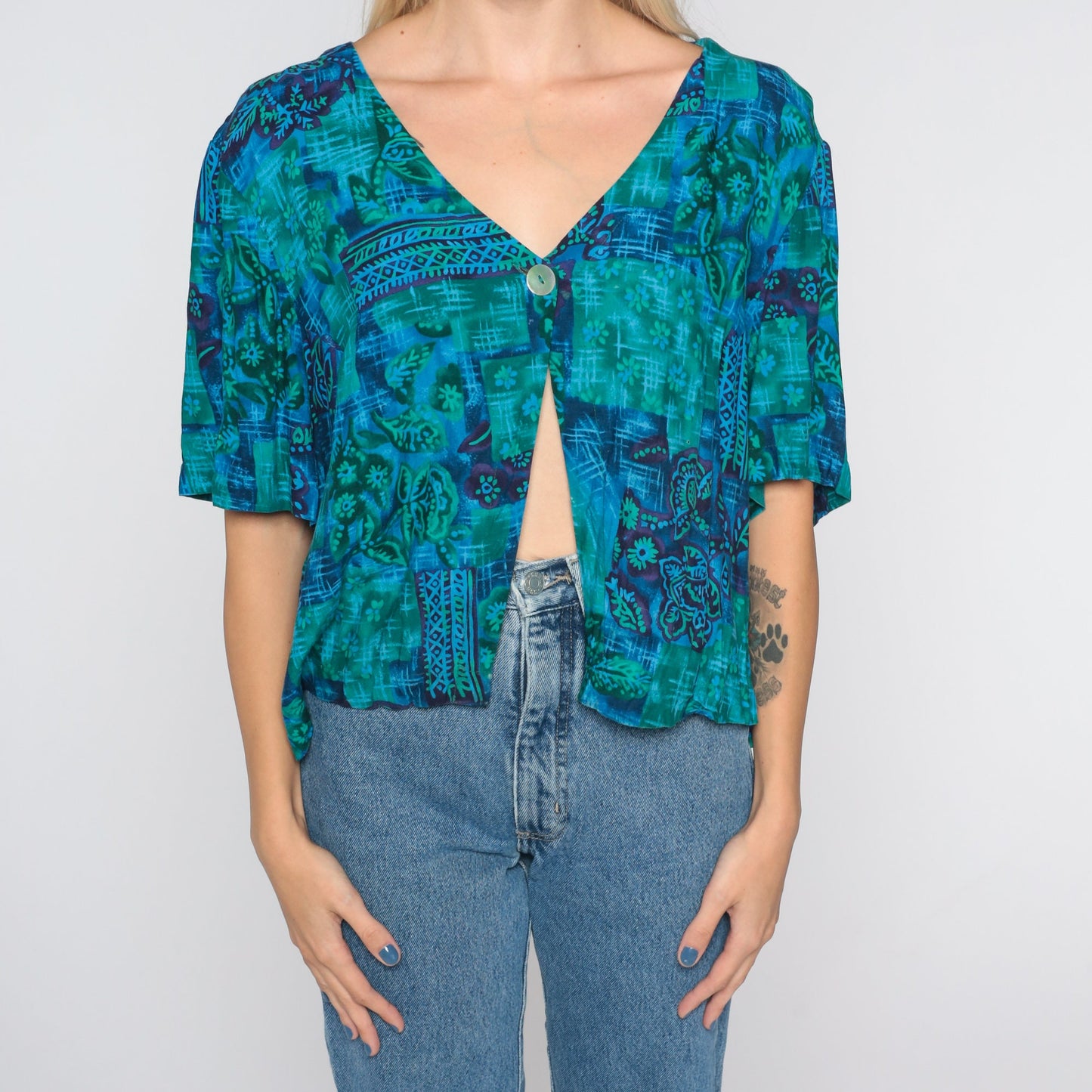90s Blue Floral Rayon Blouse Open Front Button Up Short Sleeve Extra Extra Large XXL
