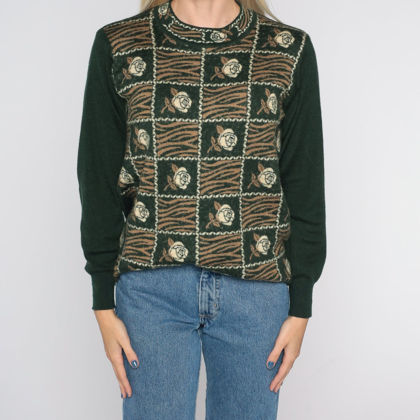 80s Dark Green Floral Striped Angora Blend Sweater Crewneck Small