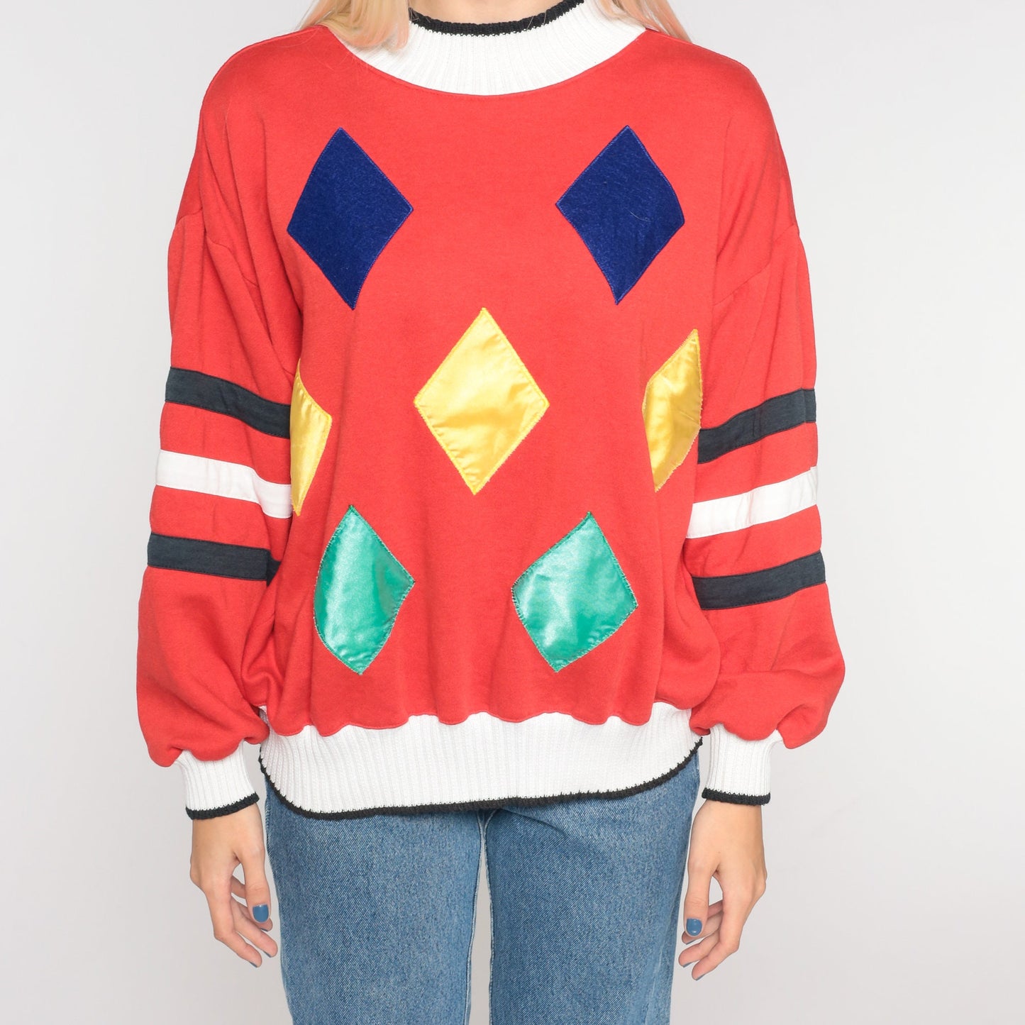 90s Diamond Print Red Sweatshirt Crewneck Geometric Pullover Small S