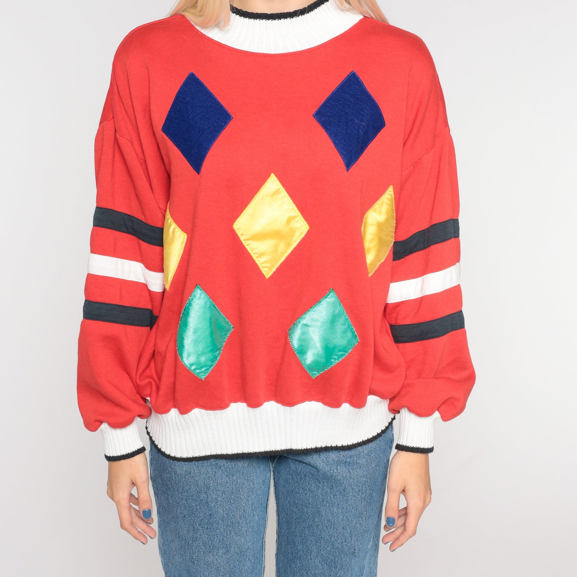 90s Diamond Print Red Sweatshirt Crewneck Geometric Pullover Small S