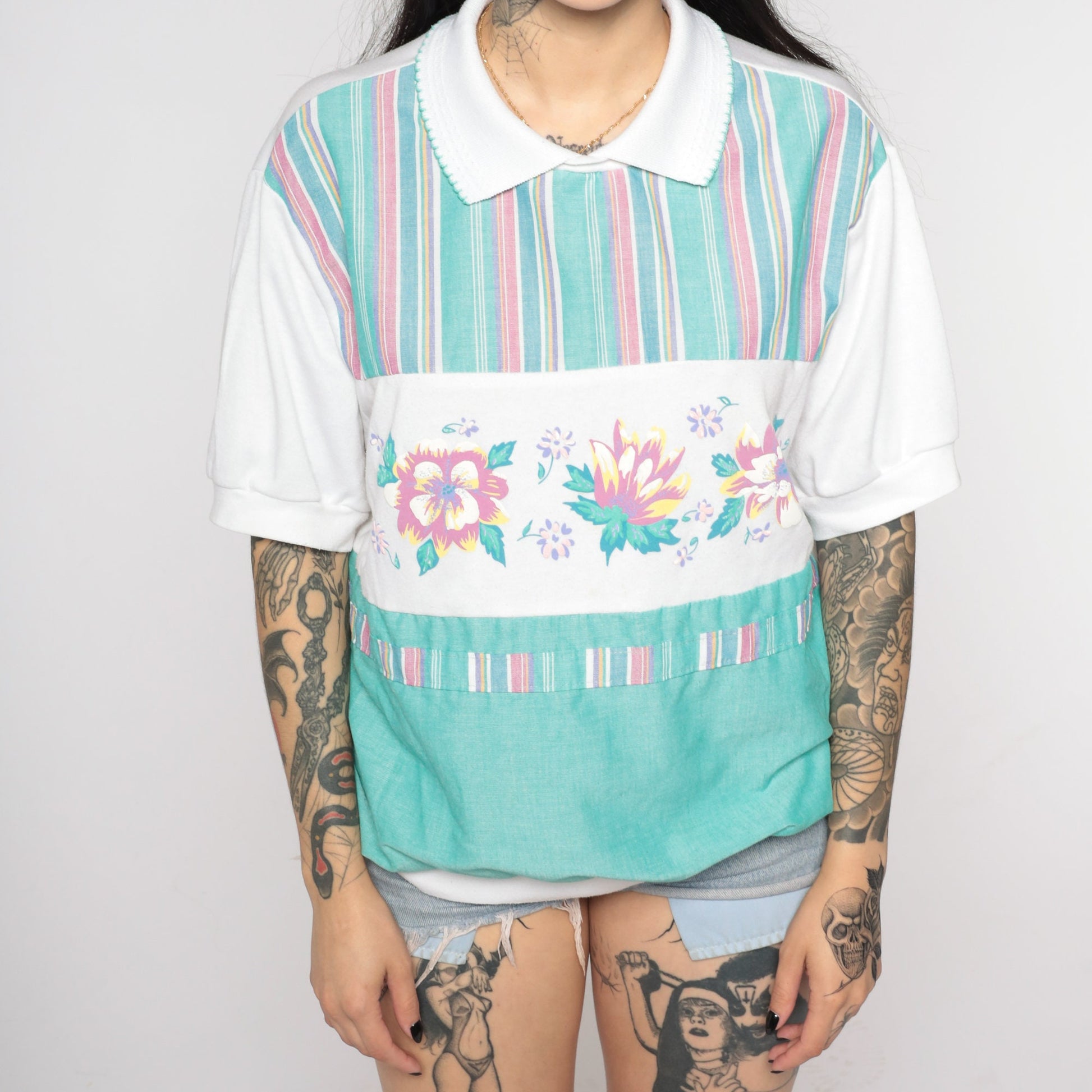 80s Floral Colour Block Striped Shirt Green White Short Sleeve Extra Large XL