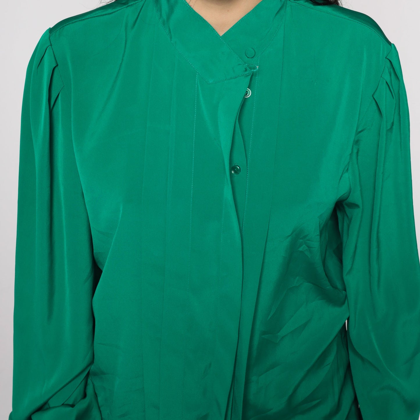 80s Green Pleated Blouse Puff Sleeve Collared Button-Up Medium
