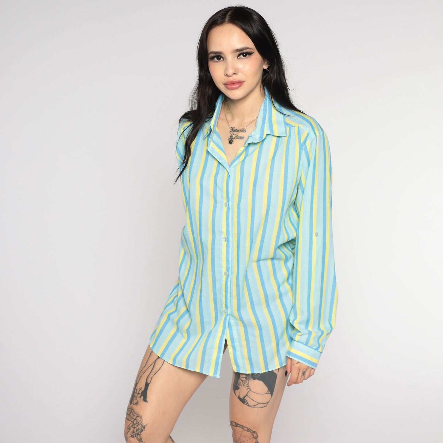 80s Blue & Yellow Striped Button-Up Blouse Notched Collar Long Sleeve Medium