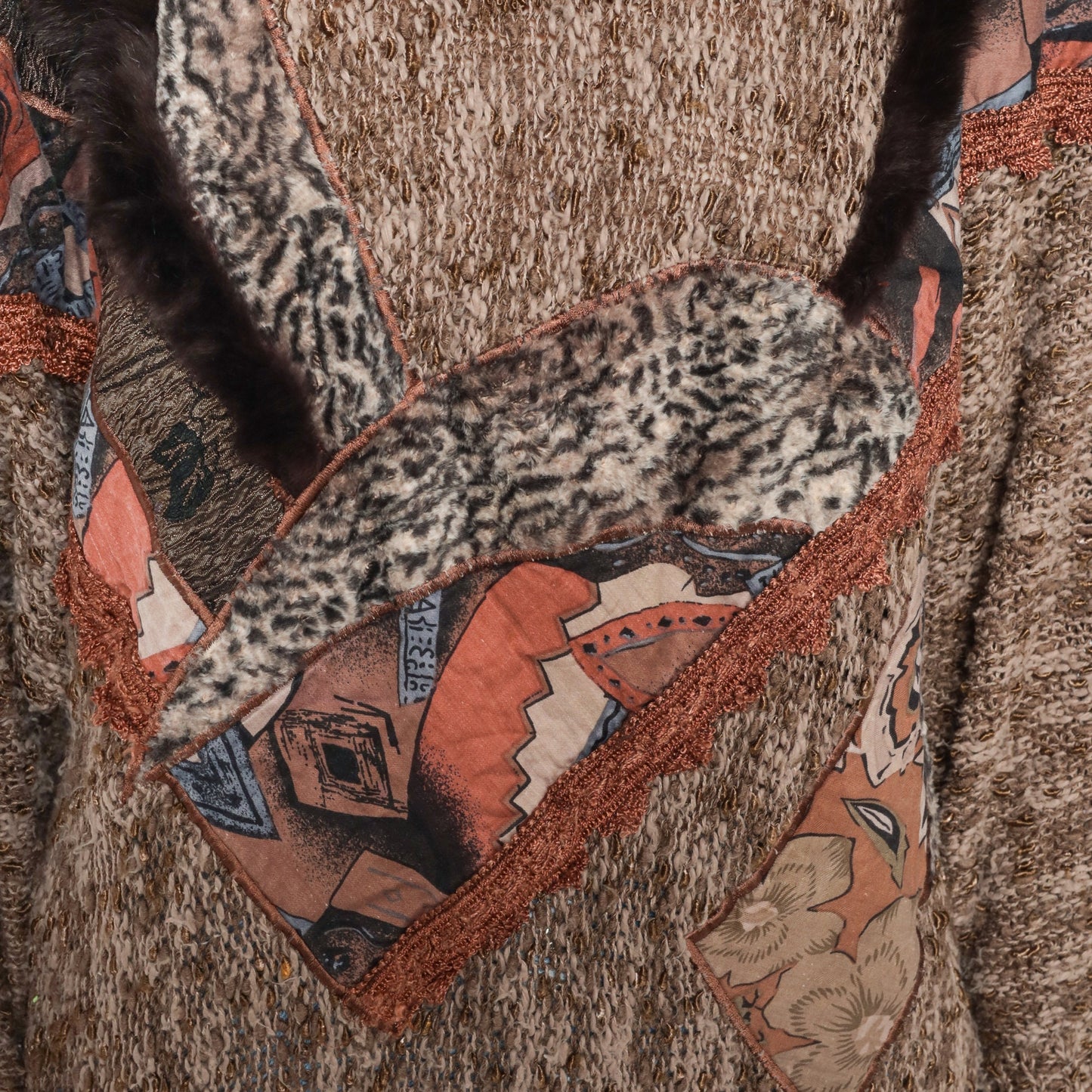 90s Animal Print Patchwork Knit Sweater Brown Leopard Floral Faux Fur Large L