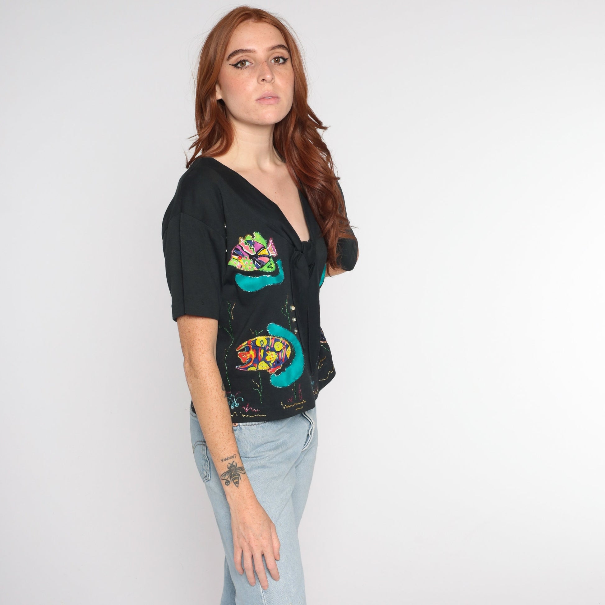 90s Black Tropical Fish Ascot Blouse Glitter Pearls Short Sleeve Large L