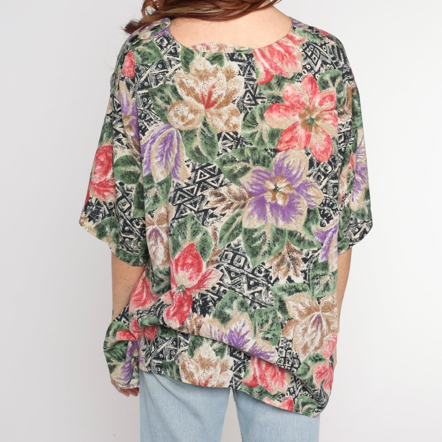 90s Hawaiian Floral Geometric Print Blouse Short Sleeve Plus Size XXL
