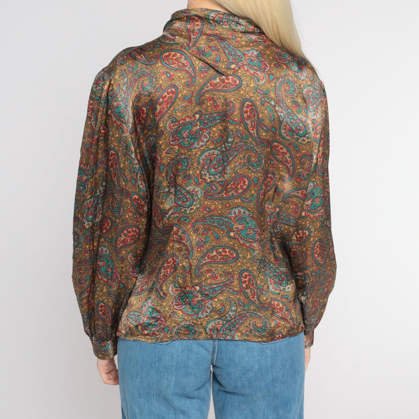 80s Paisley Silk Blouse High Neck Button Up Long Sleeve Large L