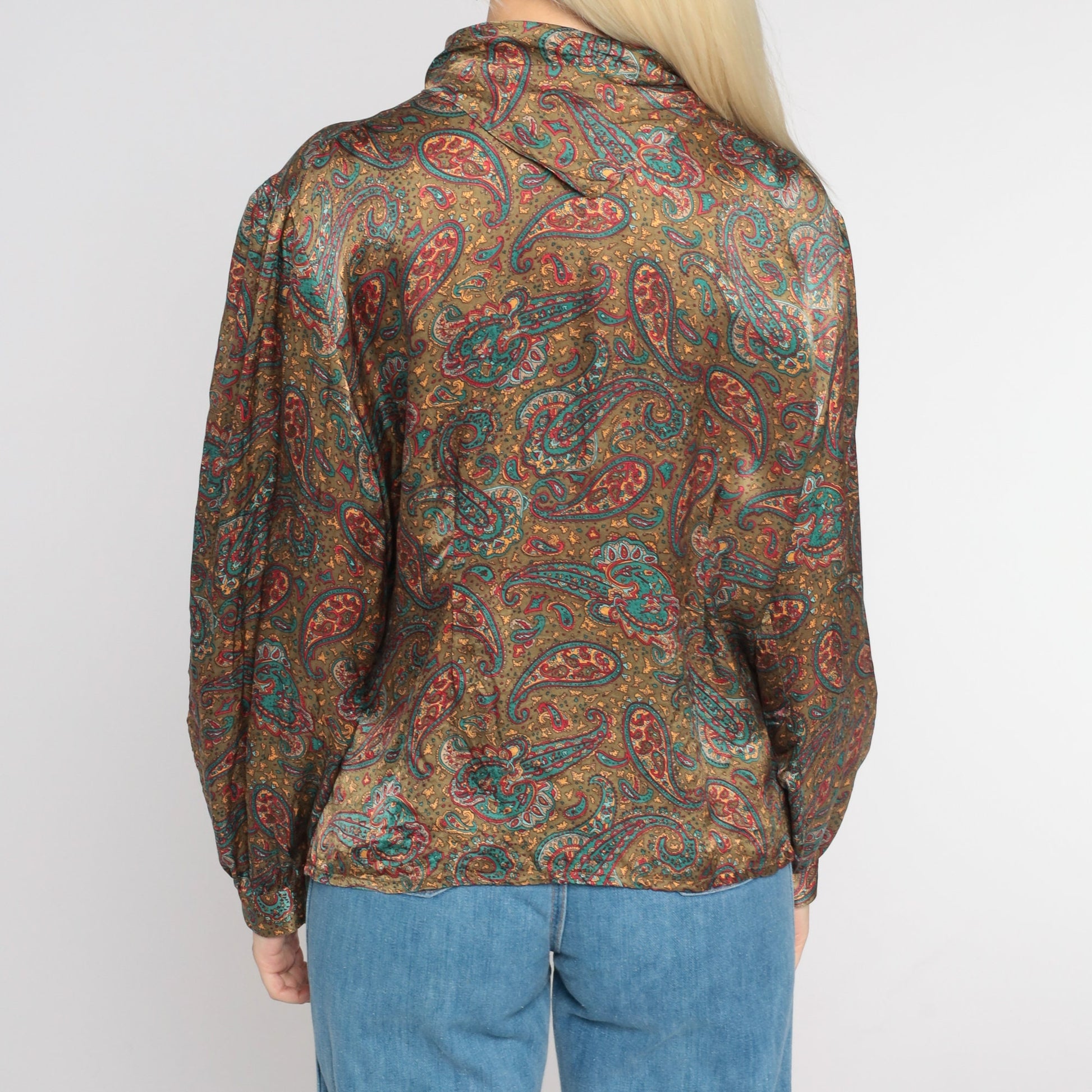 80s Paisley Silk Blouse High Neck Button Up Long Sleeve Large L