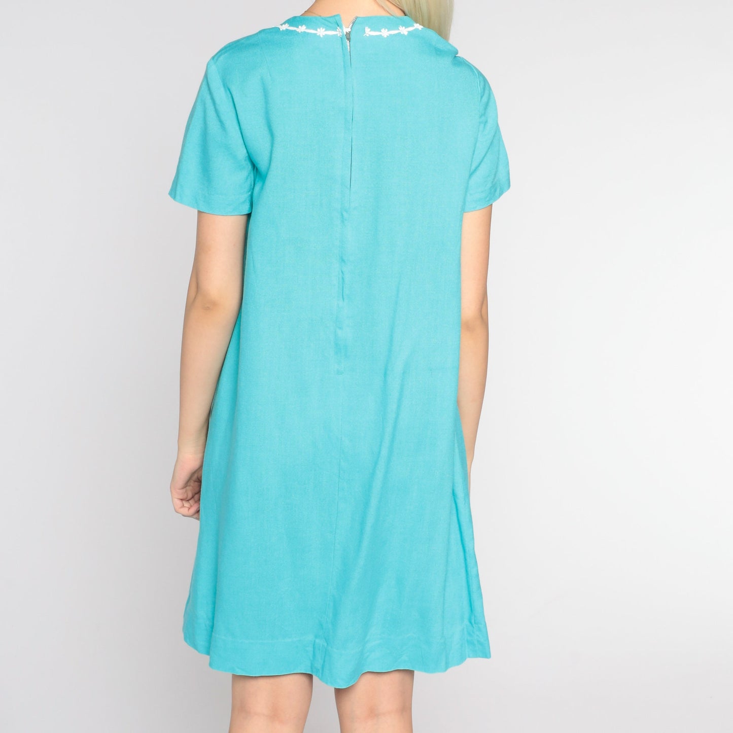60s Bright Blue Mini Shift Dress Floral Trim Empire Waist Small