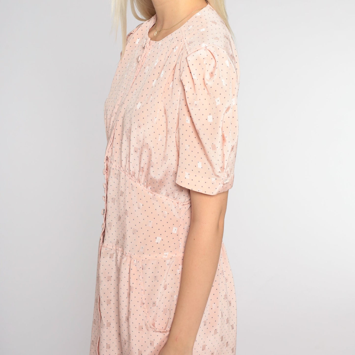 80s Blush Pink Button-Up Sheath Dress Puff Sleeve High Waist Knee Length Medium M