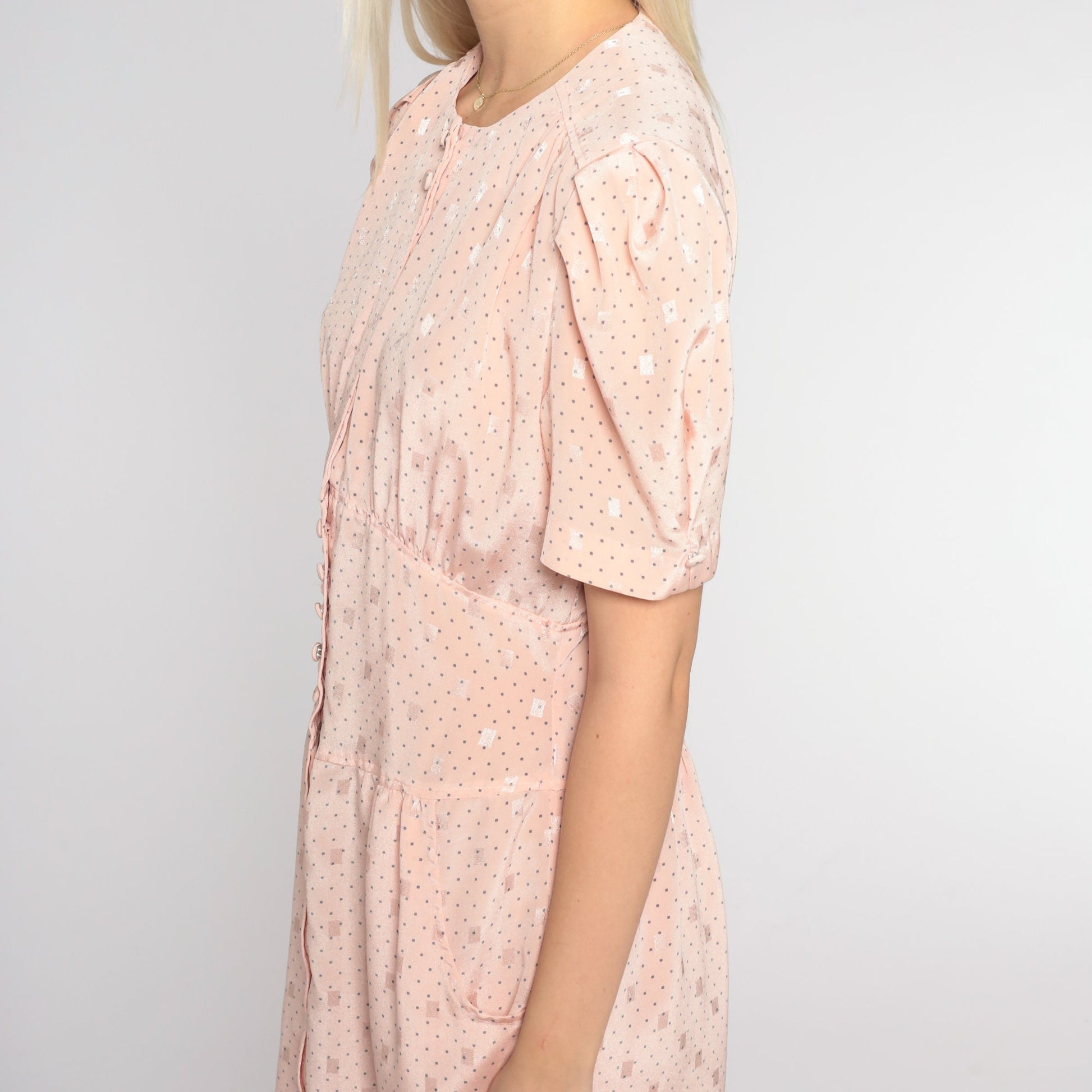 80s Blush Pink Button-Up Sheath Dress Puff Sleeve High Waist Knee Length Medium M