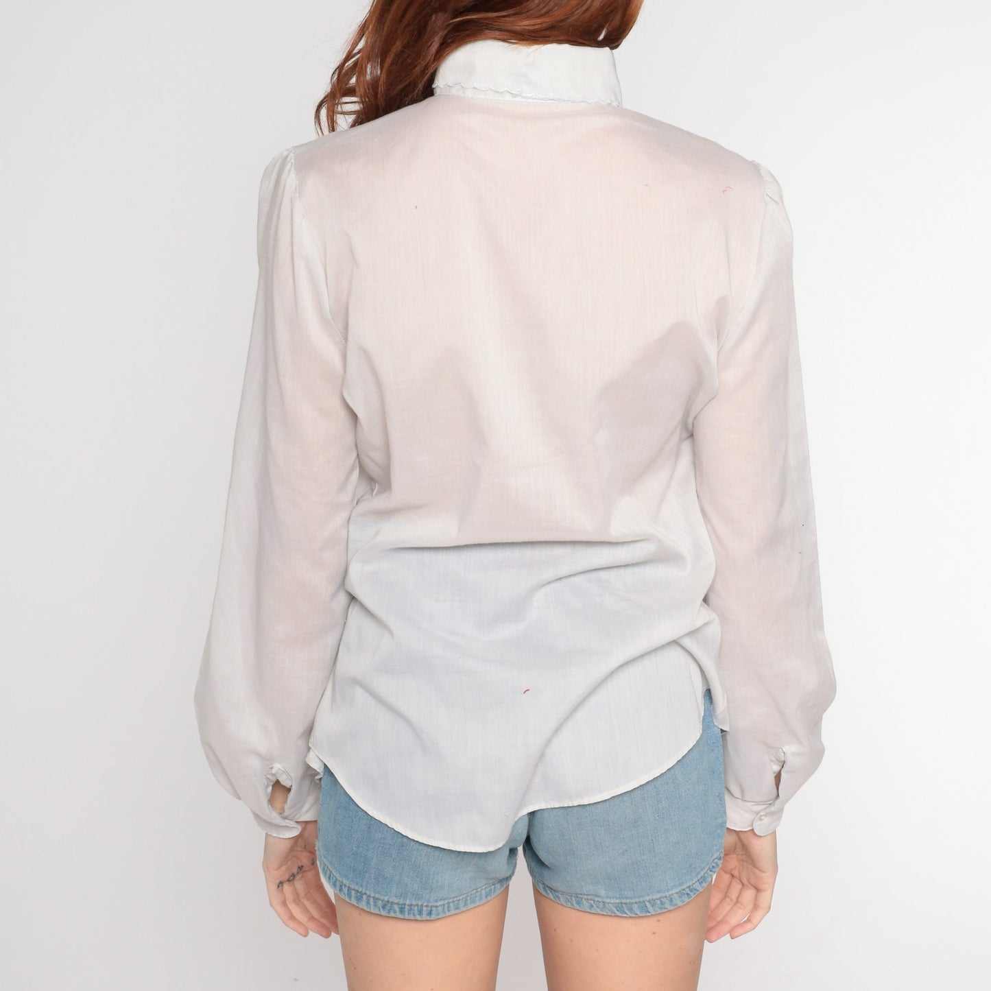 80s White Sheer Blouse Floral Embroidered Puff Sleeve Peter Pan Collar Small