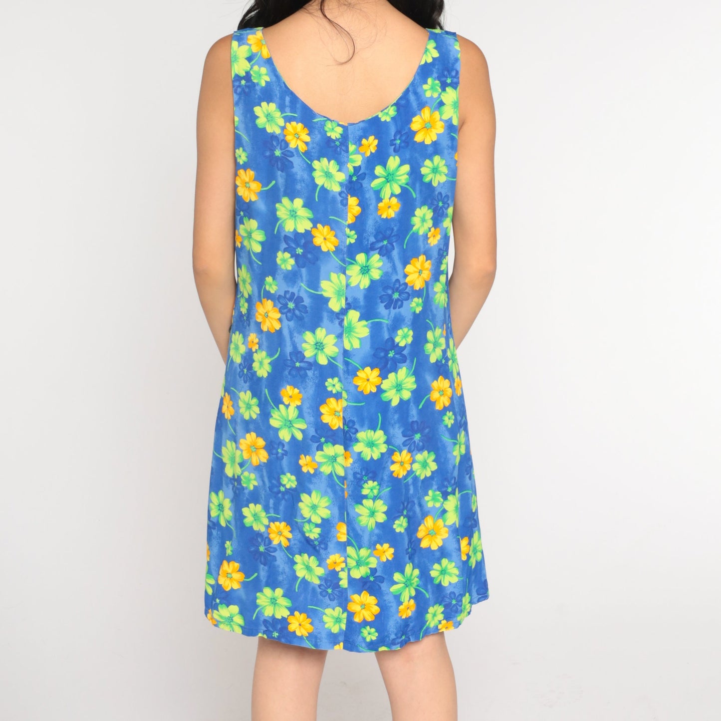 90s Blue Floral Mini Dress Sleeveless Shift Scoop Neck Summer Large