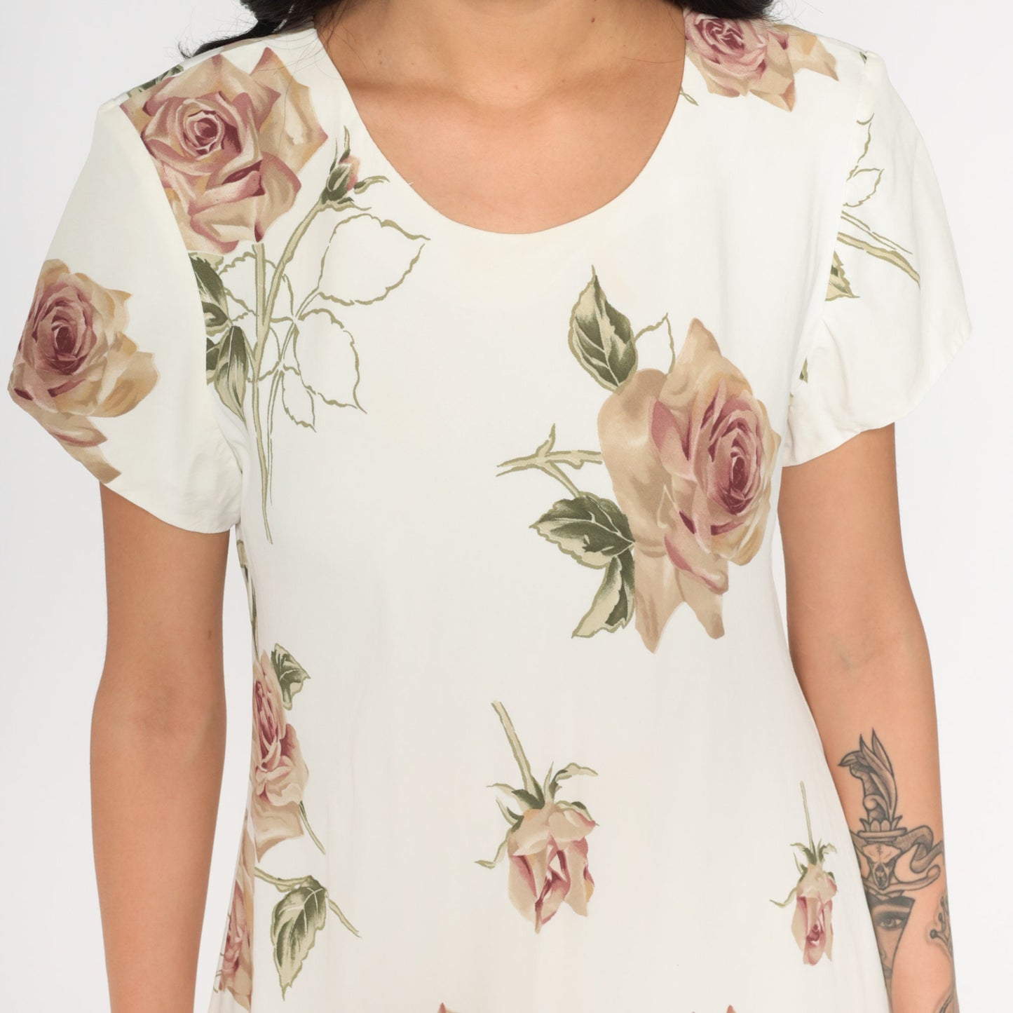 90s Jessica Howard Rose Print Mini Dress White Floral Short Sleeve Large L