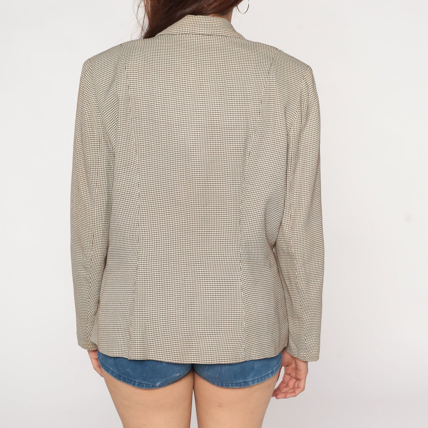 60s Brown Houndstooth Blazer Button-Up Jacket Checkered Wool Large L